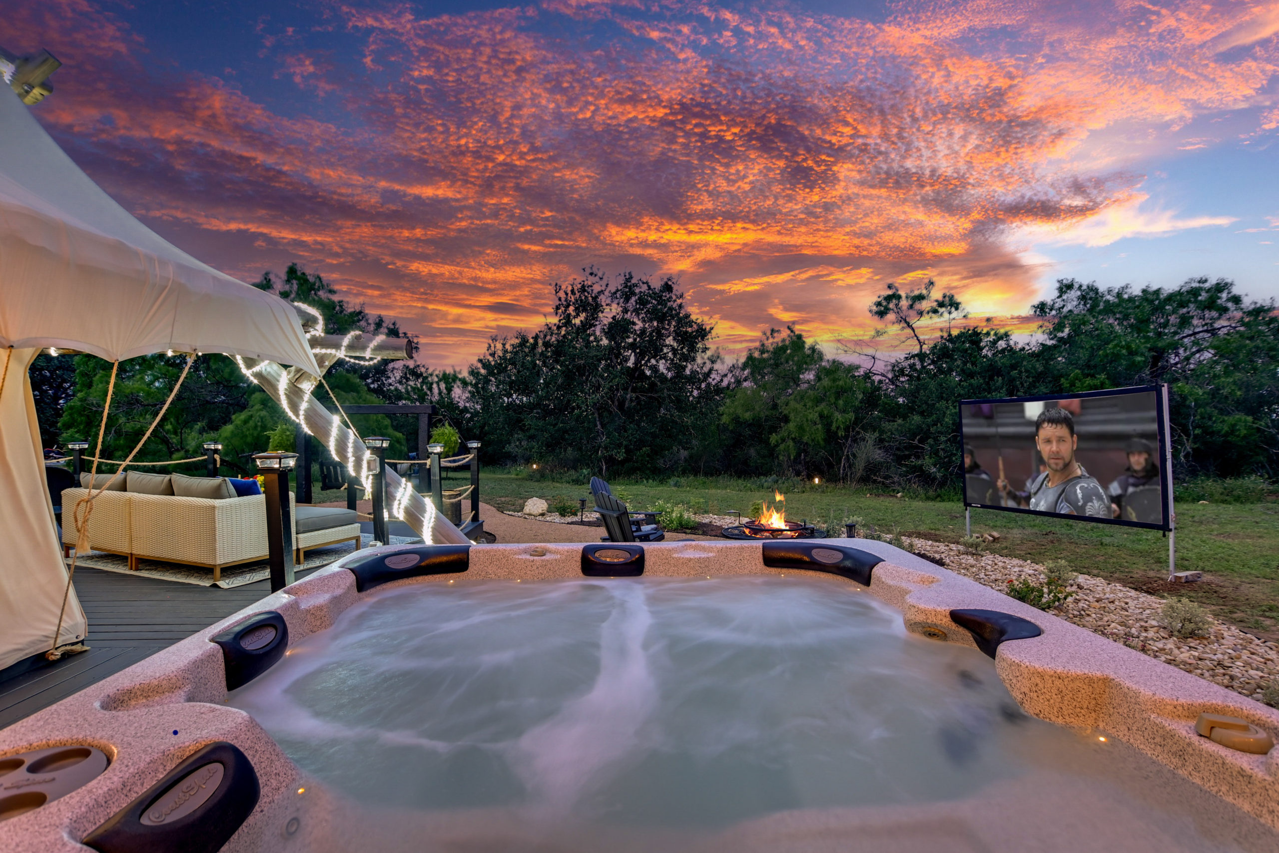 Sunset, Jacuzzi and a movie