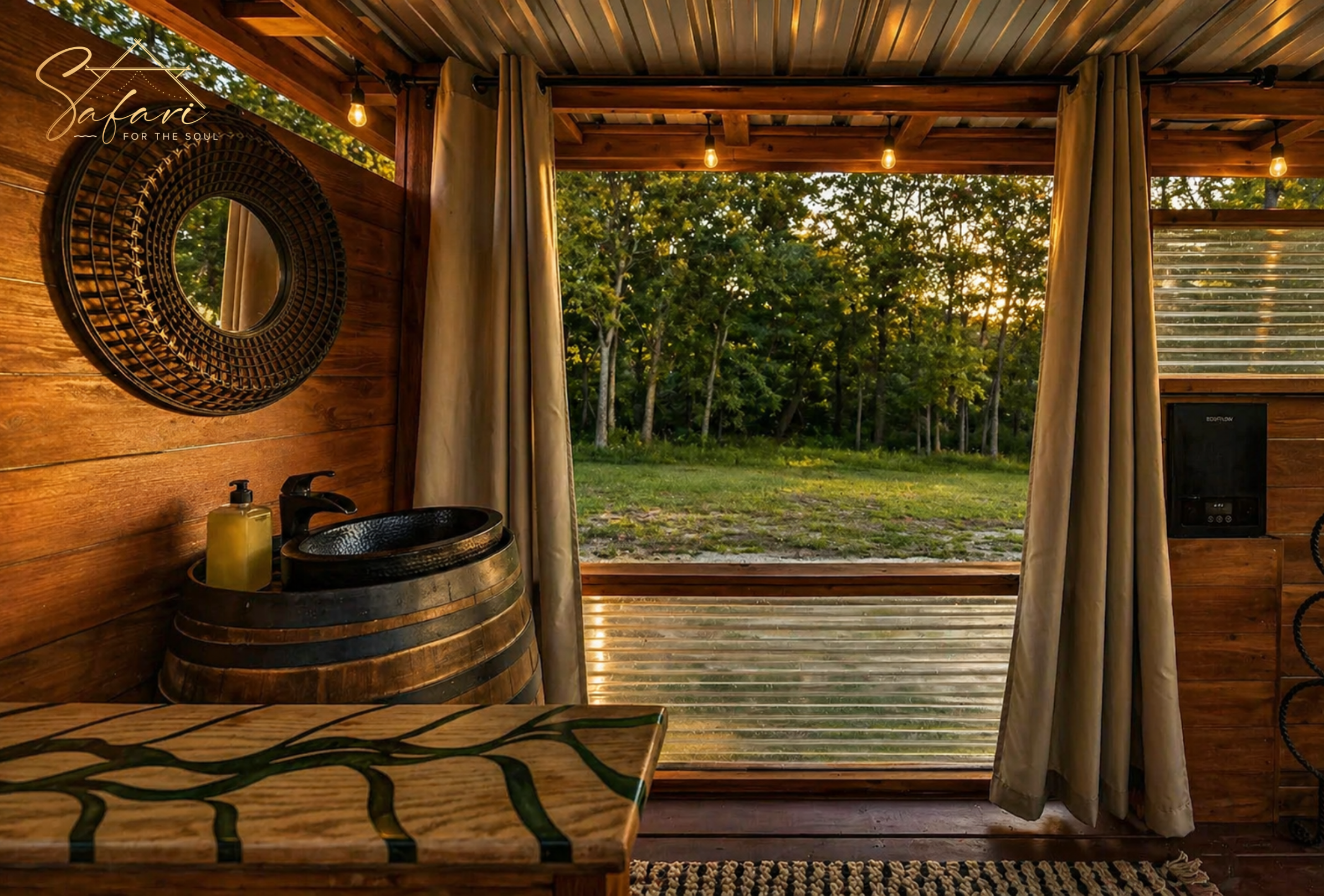 Rustic vanity sink area at Moonlight Magic Yurt in Marble Falls, TX featuring barrel sink, wood interiors, round mirror, and luxury glamping bathroom design.