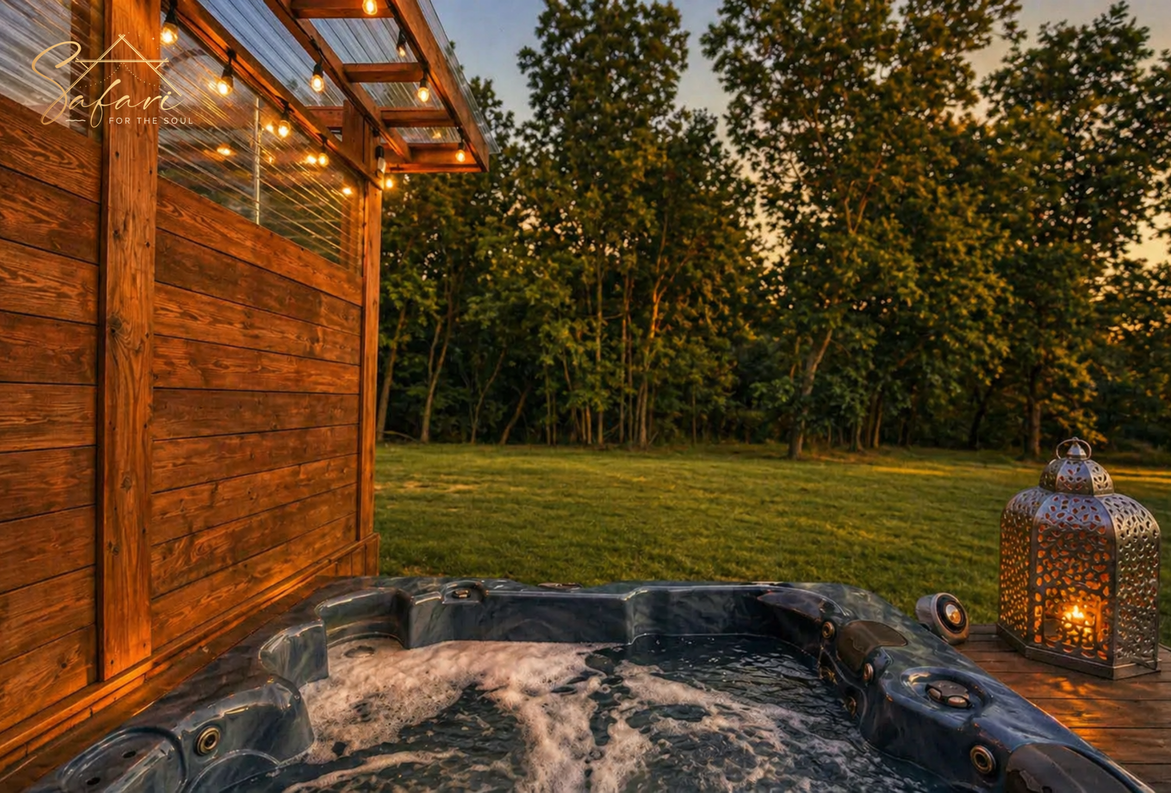 Private hot tub at Moonlight Magic Yurt in Marble Falls TX beside rustic wood exterior with string lights, lantern décor, and peaceful wooded views.