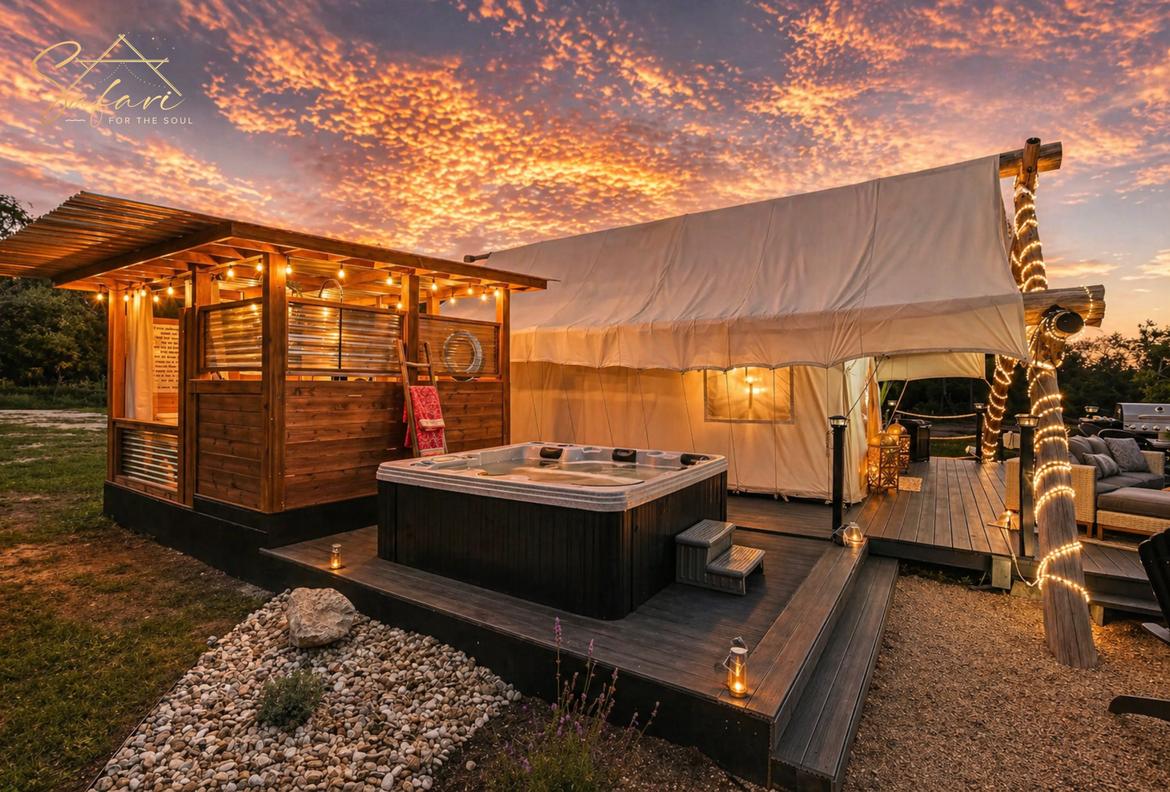 Luxury glamping tent with private hot tub and outdoor bathroom under colorful sunset skies at Cosmic Nights in Marble Falls, TX.