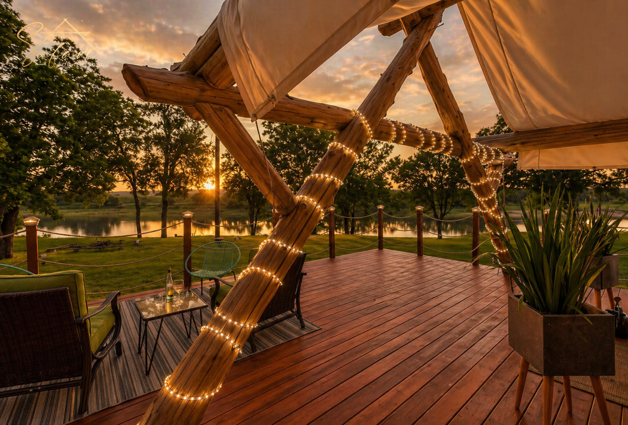 Private deck at Moonlight Magic Yurt in Marble Falls TX with lounge seating, string-lit timber beams, river views, and glowing sunset sky.