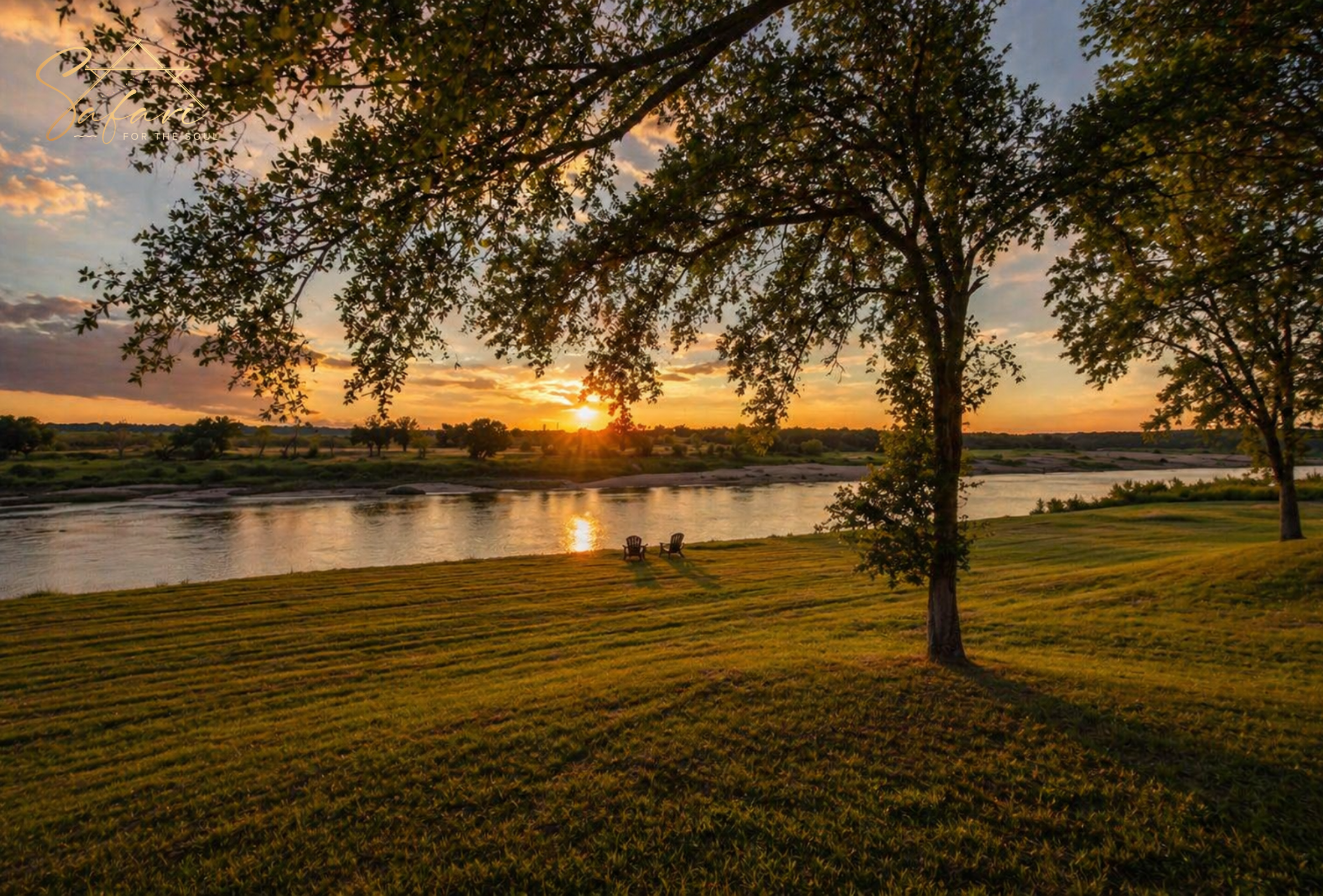Take in the peaceful sunset at Moonlight Magic Yurt in Marble Falls, TX, where shaded trees, river views, and open lawn create a relaxing retreat.