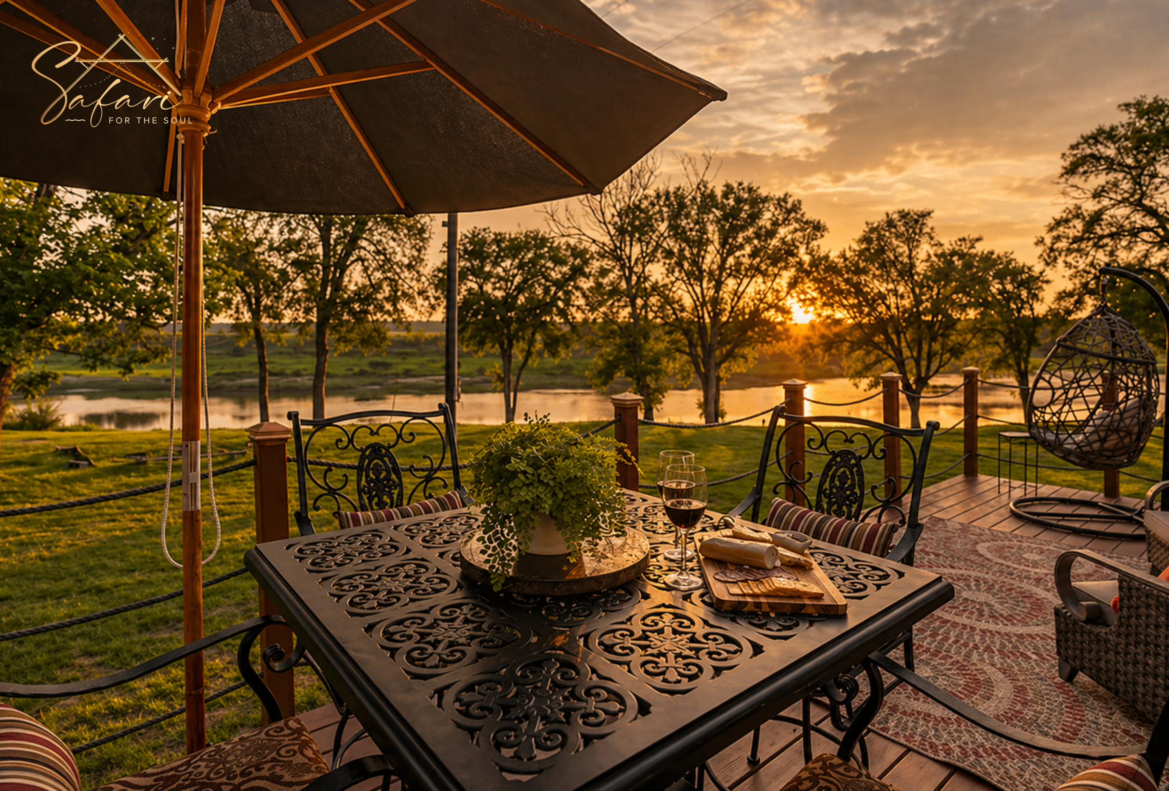 Luxury outdoor patio dining area at Moonlight Magic Yurt in Marble Falls, TX with sunset lake views, wine, and elegant seating.