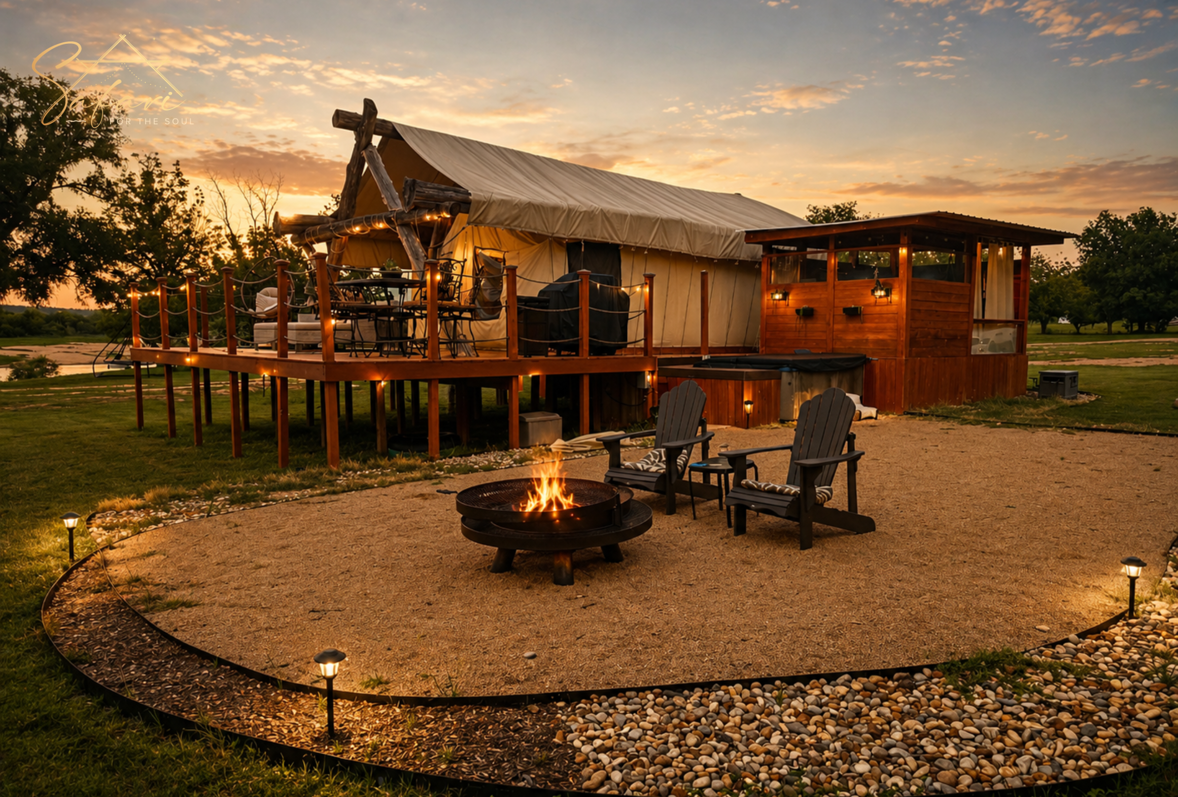 Moonlight Magic Yurt in Marble Falls, TX at dusk featuring elevated luxury deck, private hot tub, fire pit seating area, and scenic glamping retreat.