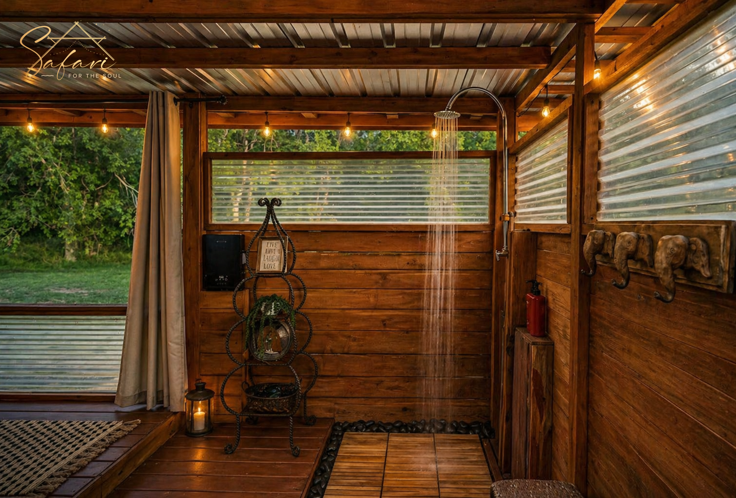 Private outdoor shower at Moonlight Magic Yurt in Marble Falls, TX featuring rustic wood design, rainfall showerhead, and luxury glamping spa atmosphere.
