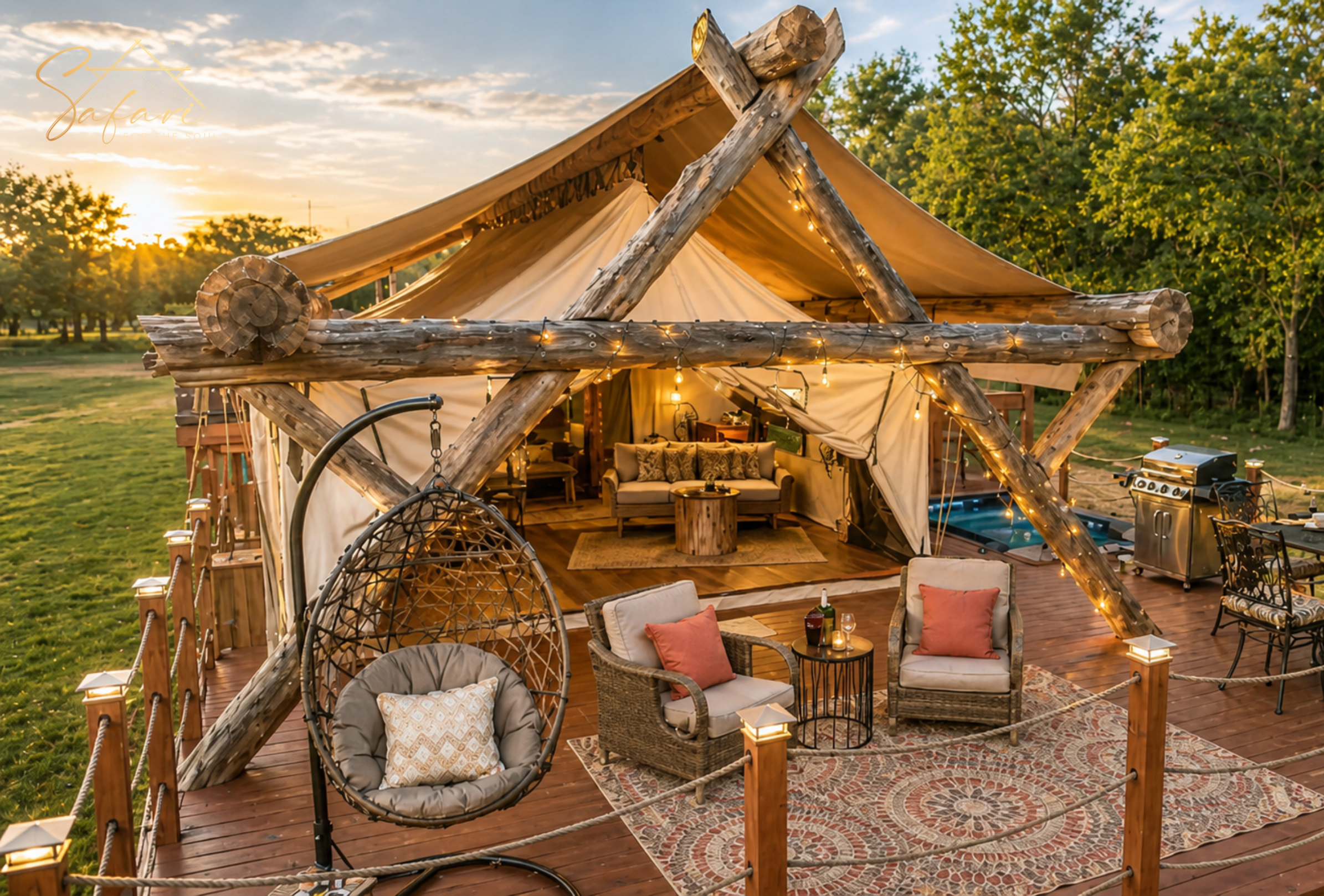 Luxury glamping yurt exterior with wooden deck, cozy seating, string lights, and sunset ambiance in Marble Falls Texas
