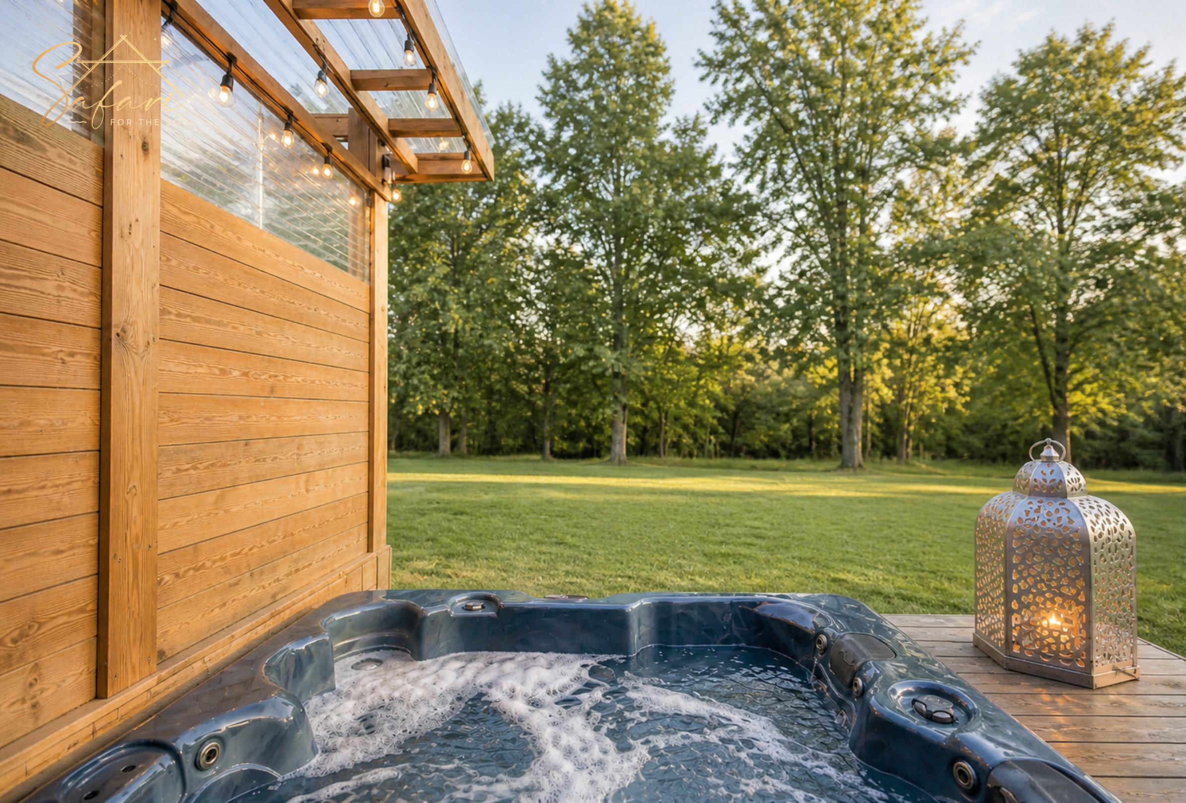Outdoor hot tub with bubbling water and forest view in luxury glamping setup