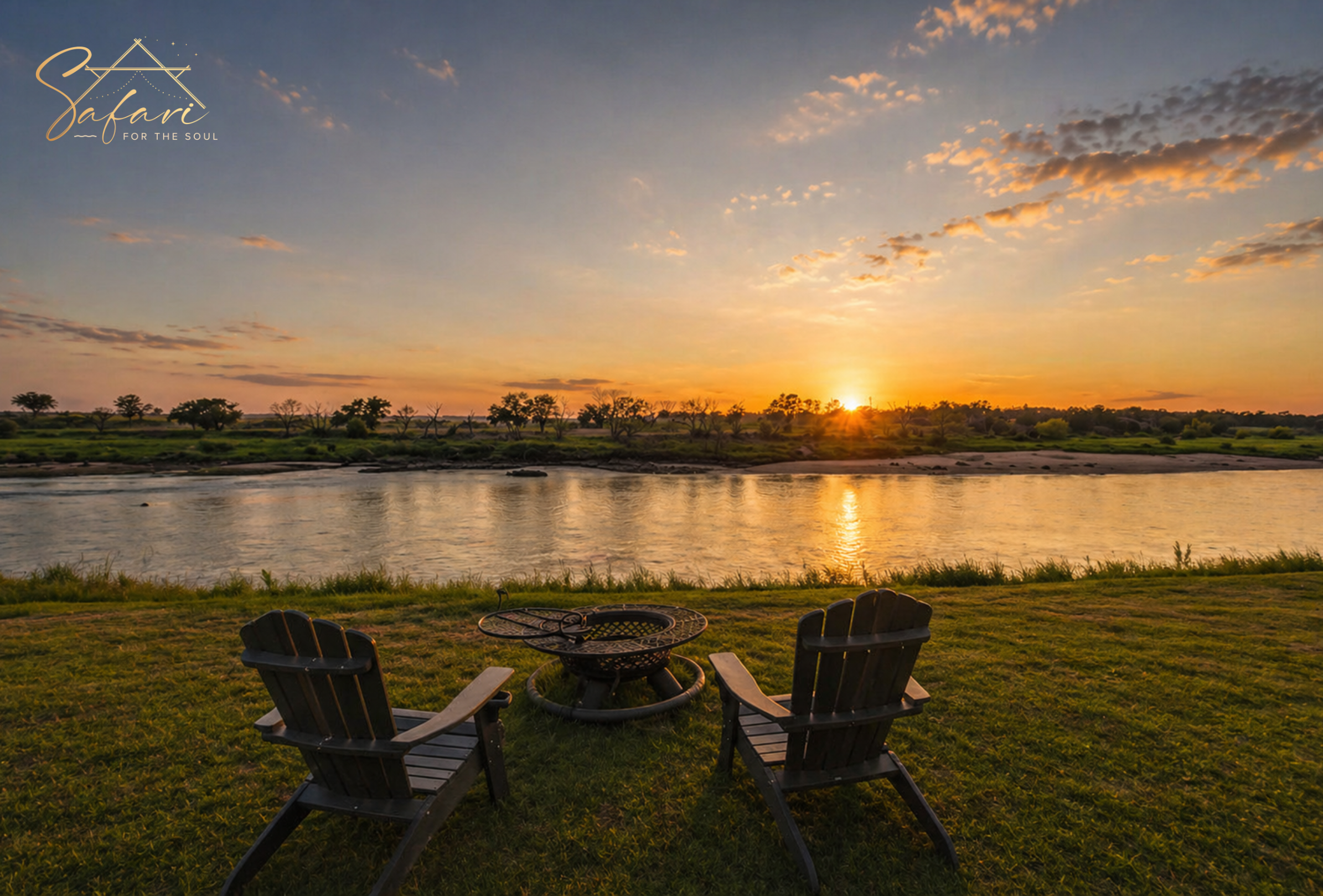 Sunset river view with two chairs and fire pit at glamping retreat in Texas