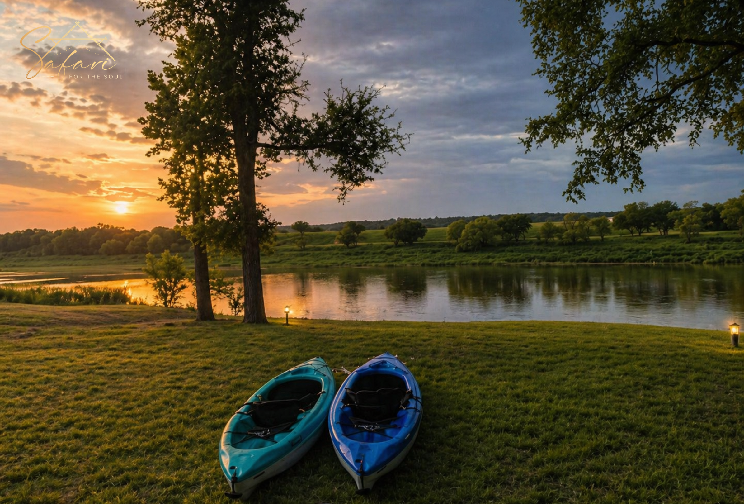 Kayaks placed near riverbank during sunset at luxury glamping site in Marble Falls Texas
