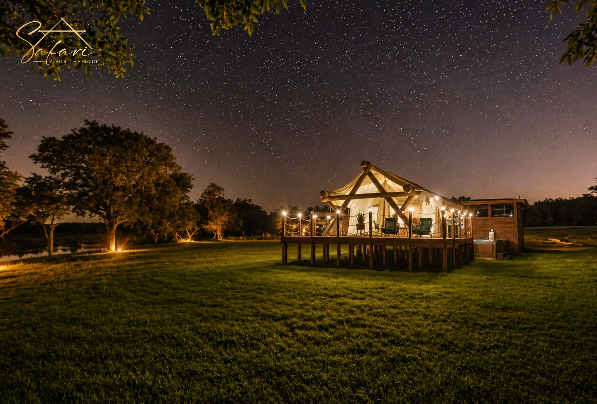 Luxury yurt glowing under starry night sky with warm lighting in open field