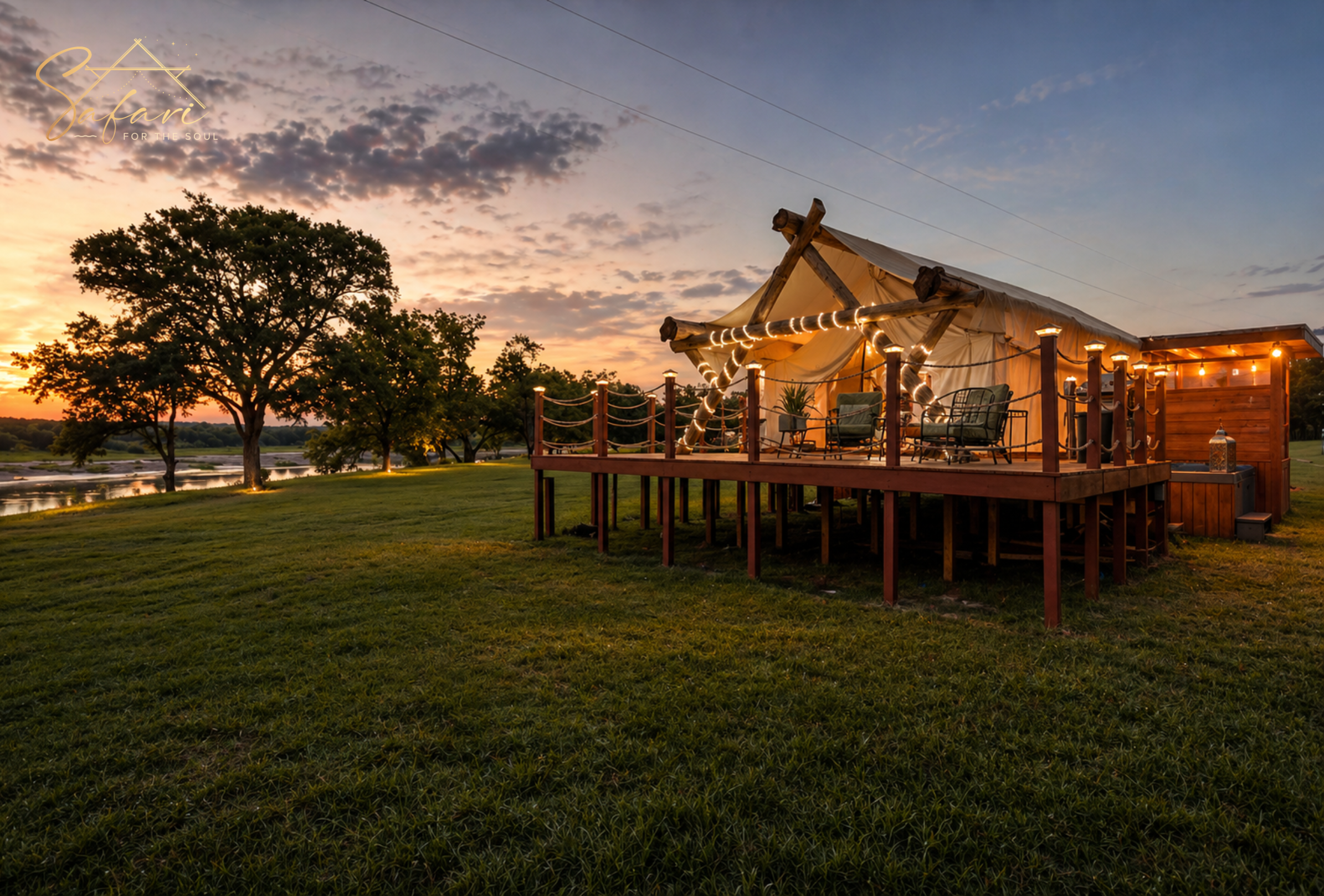 Luxury glamping yurt exterior with deck lighting at sunset Marble Falls Texas