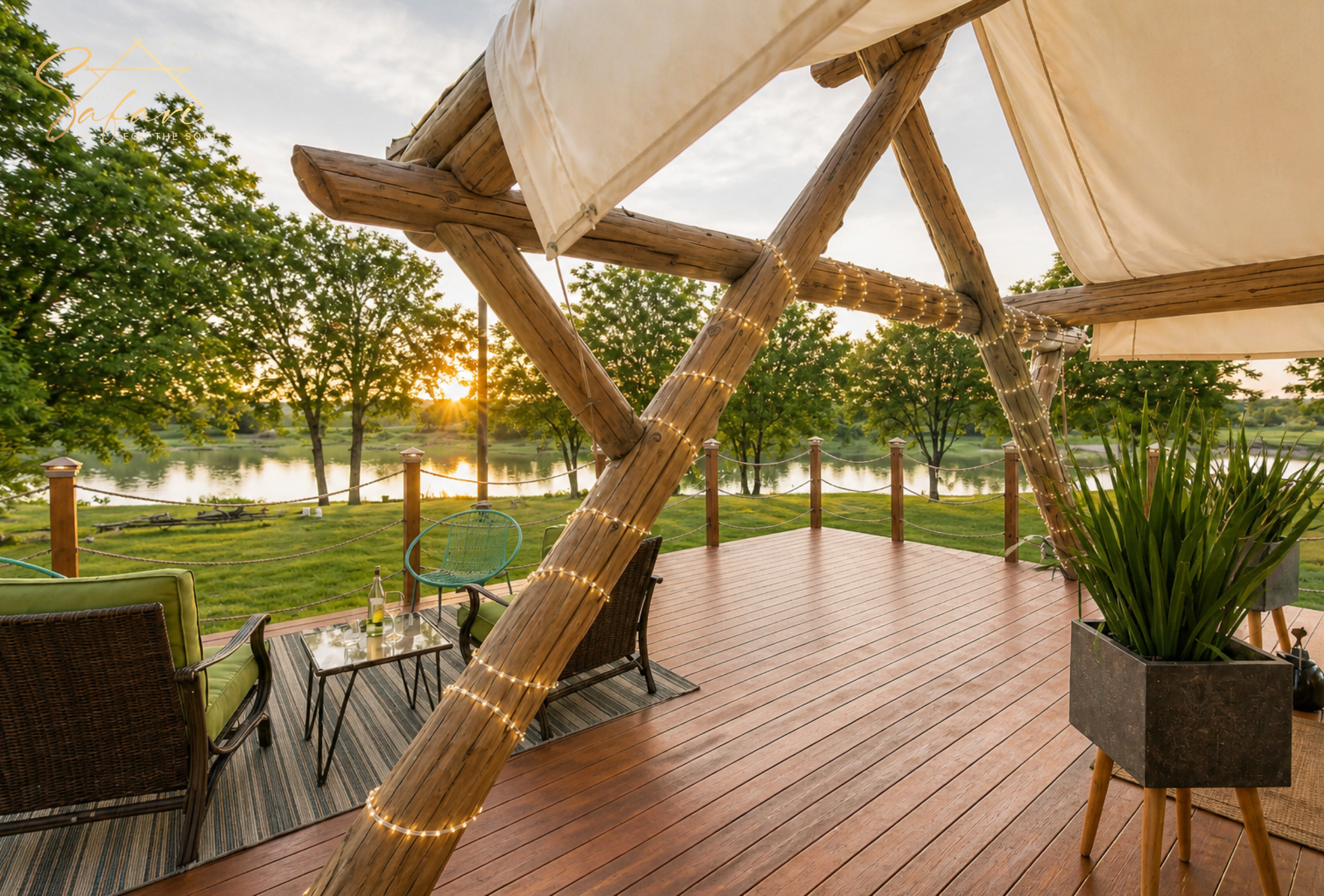 Wooden deck seating area with river view at luxury yurt Marble Falls Texas