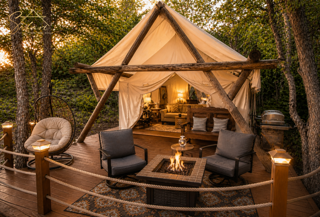 Safari style luxury tent exterior with deck seating and fire pit at sunset in Texas