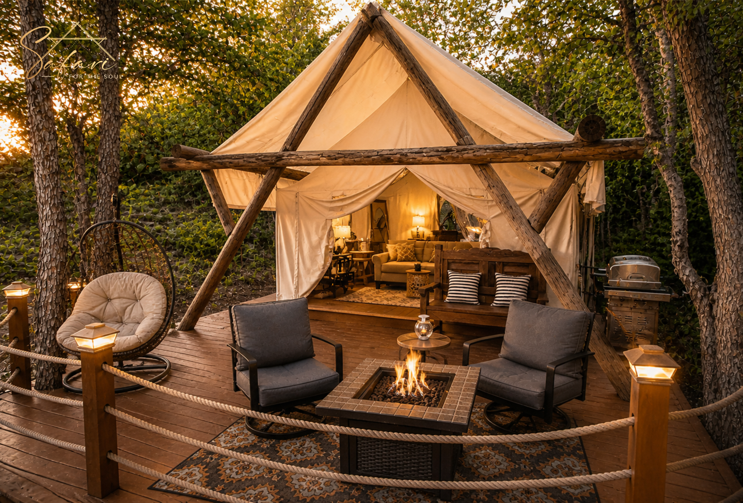 Safari style luxury tent exterior with deck seating and fire pit at sunset in Texas