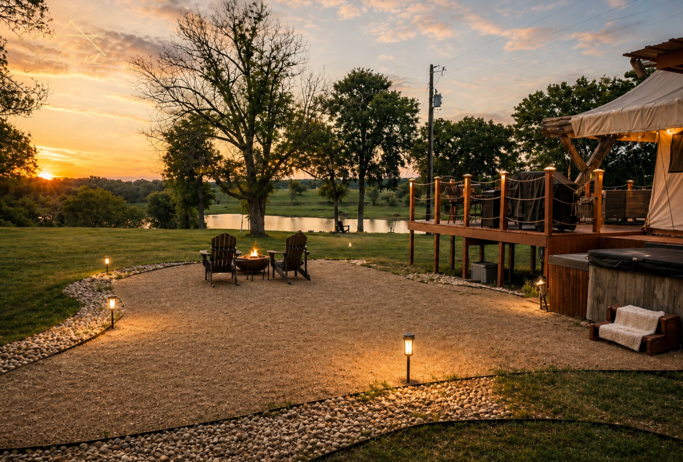 Fire pit seating area overlooking river at sunset near luxury yurt in Marble Falls Texas