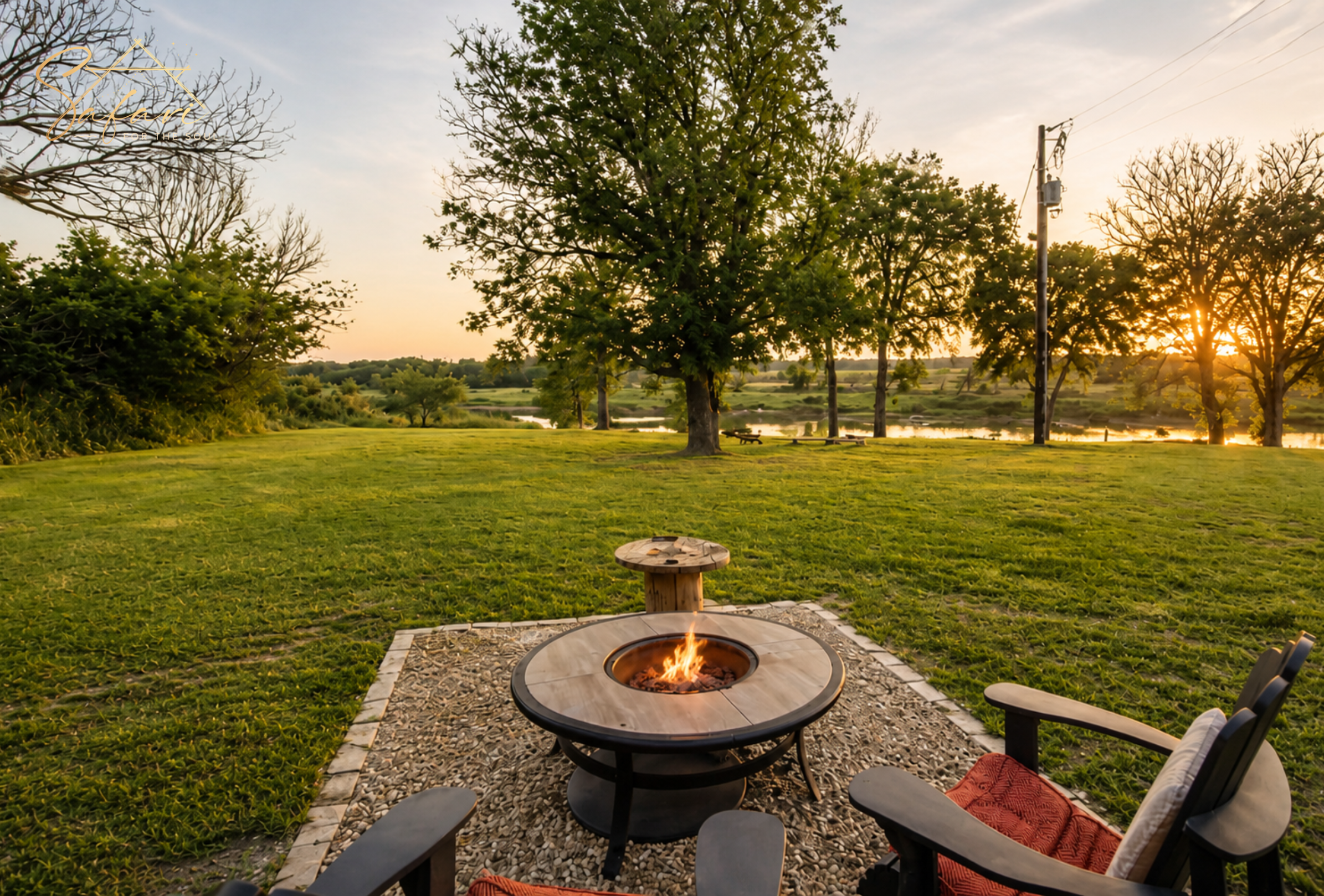 Fire pit seating area outdoors near river Marble Falls Texas glamping