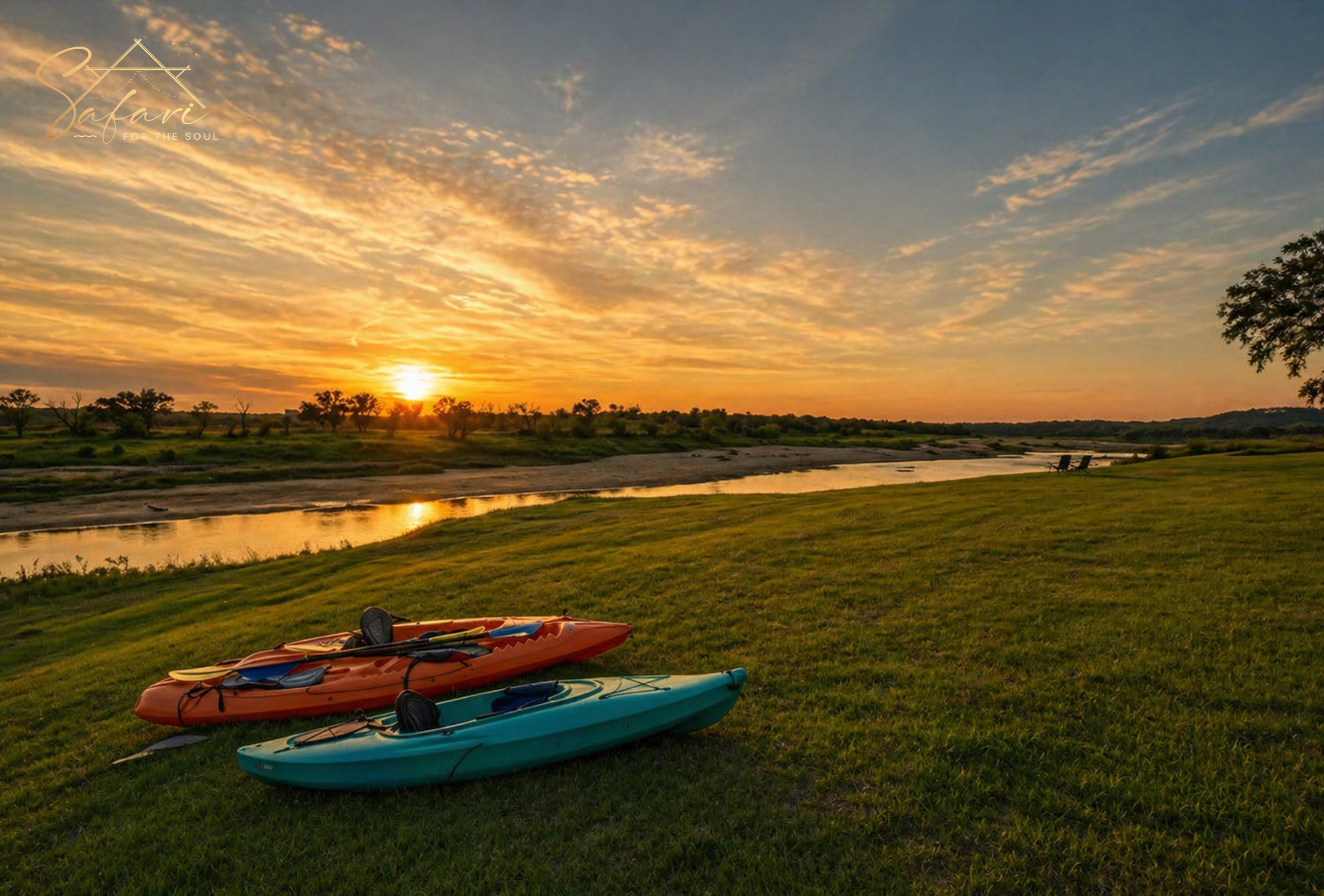 Sunset river landscape with kayaks on grass Marble Falls Texas