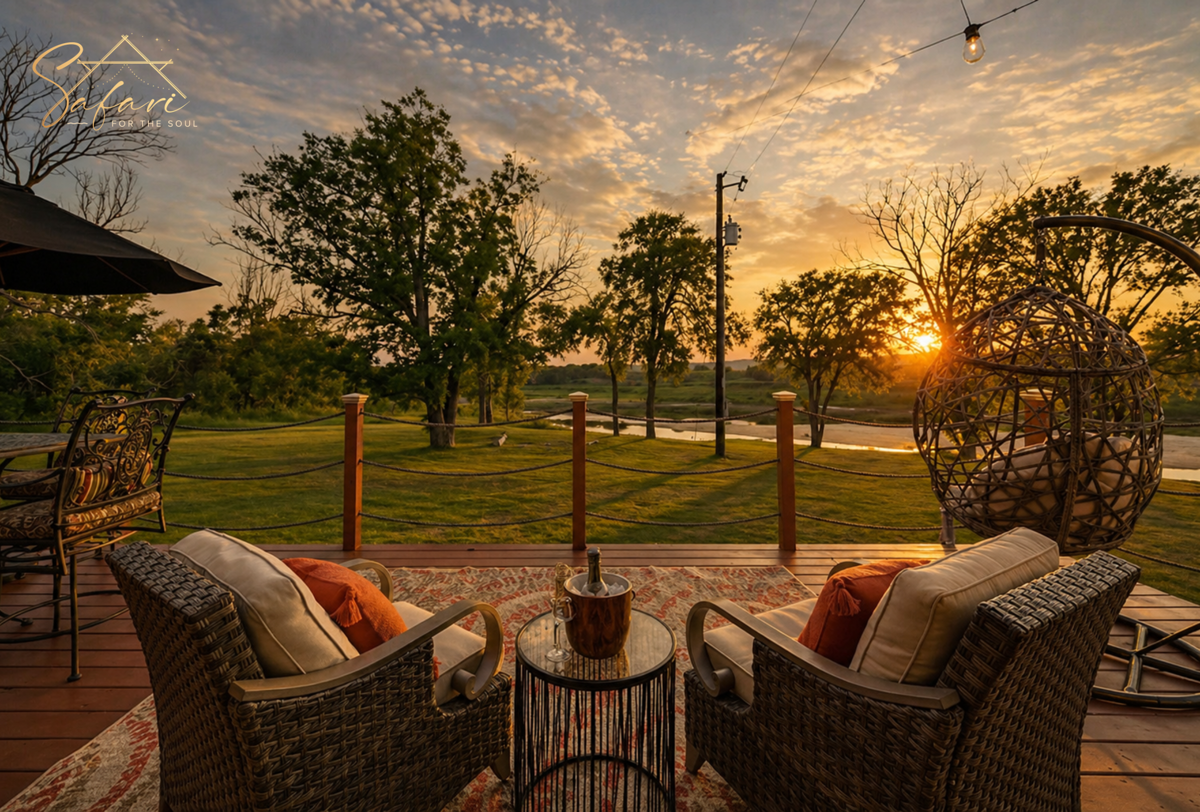 Luxury deck seating with hanging chair overlooking sunset Marble Falls Texas