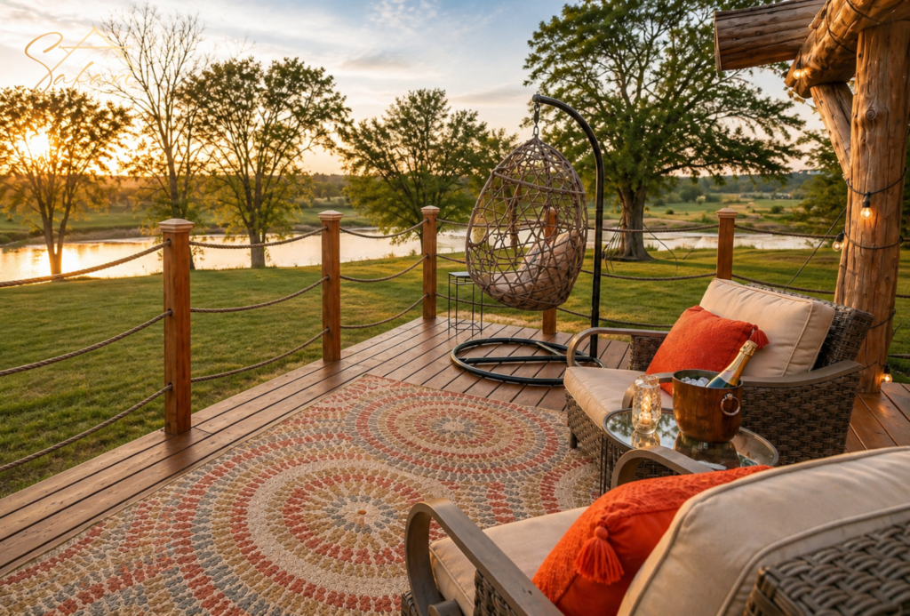 Close-up deck seating with champagne and sunset view Marble Falls Texas
