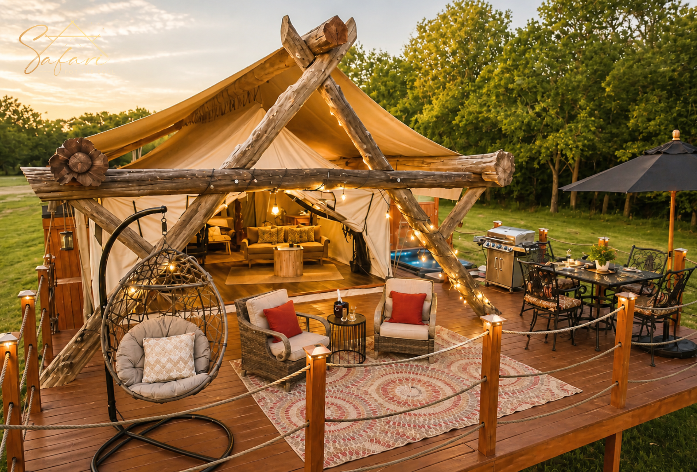Fully furnished luxury yurt exterior with deck and lighting Marble Falls Texas