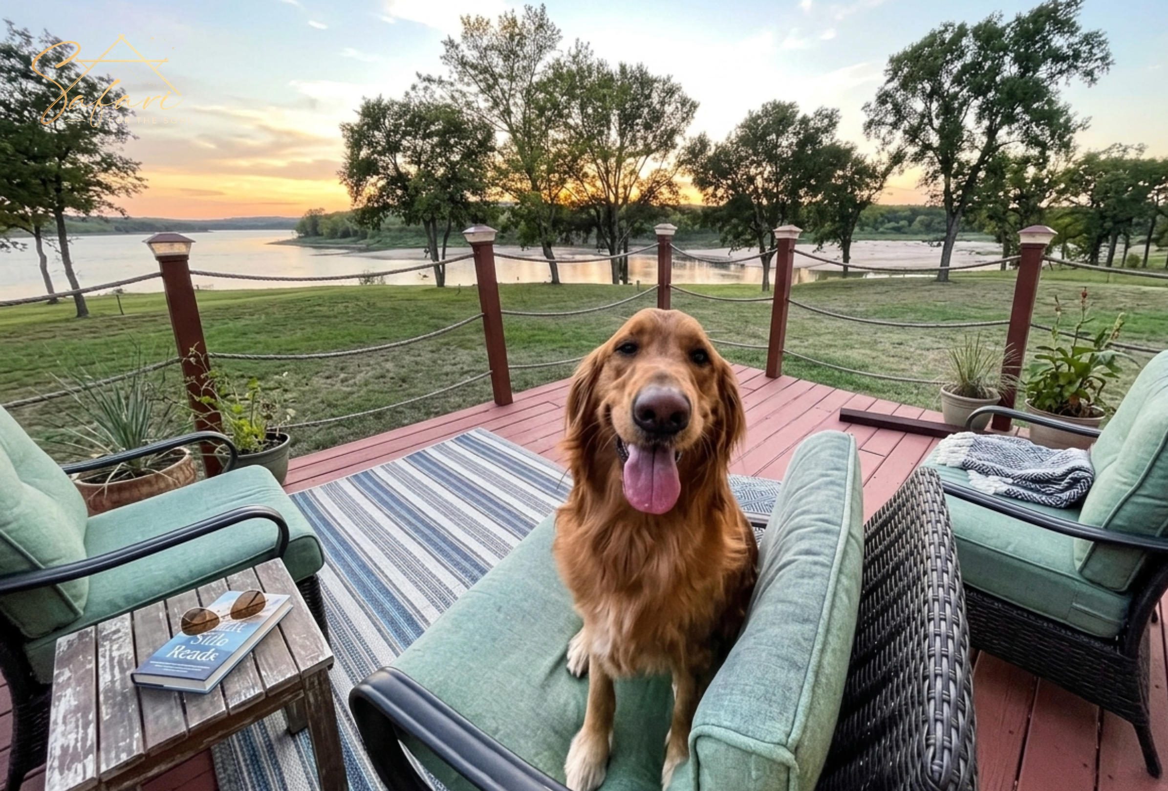 Golden retriever on outdoor deck with river view Marble Falls Texas