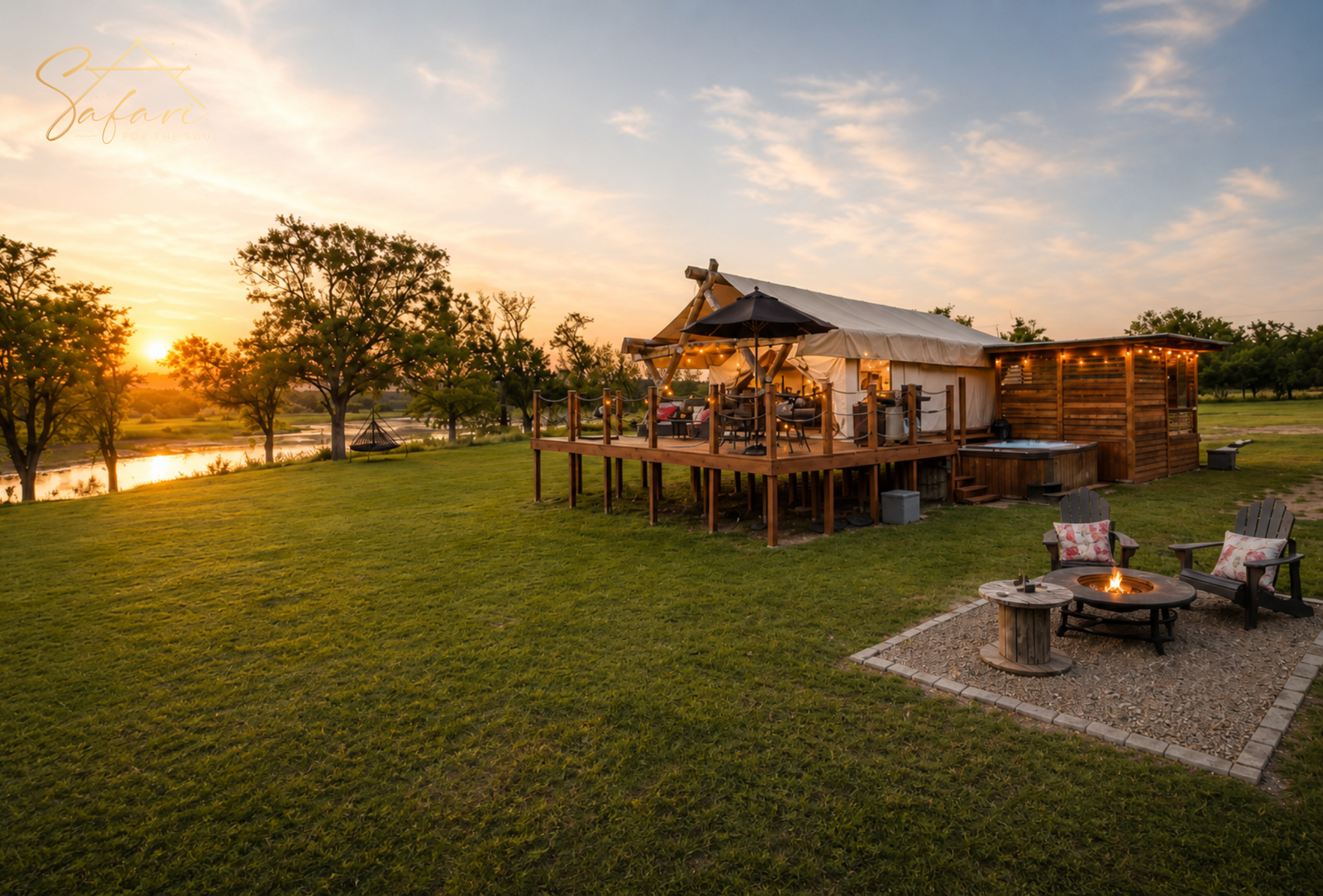 Wide view of luxury yurt property with fire pit and sunset Marble Falls Texas