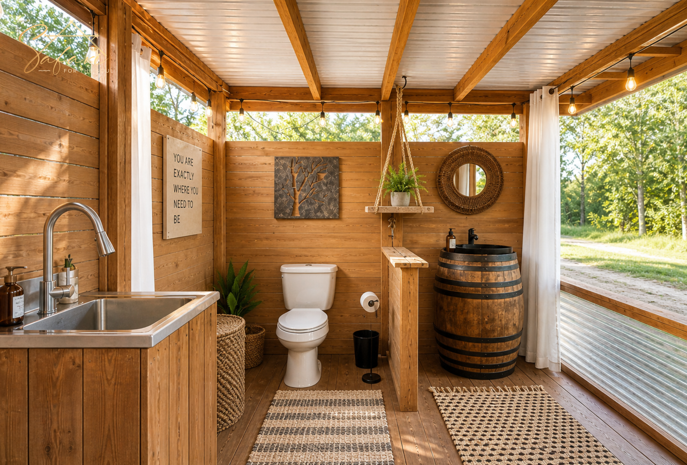 Rustic modern bathroom with wooden interiors, sink, toilet, and decorative elements in glamping yurt