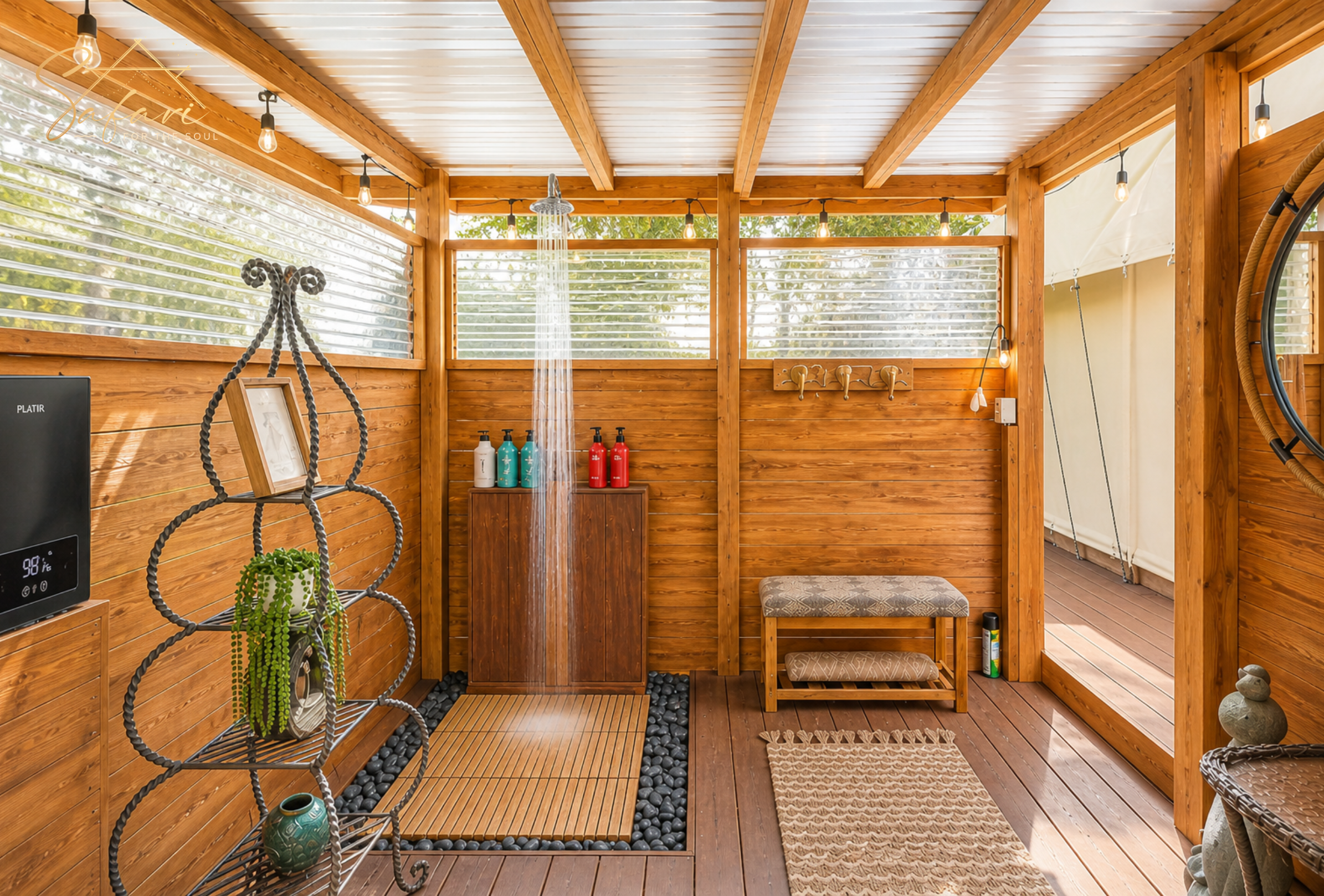 Luxury outdoor shower area with wooden spa-inspired design at Moonlight Magic Yurt in Marble Falls Texas