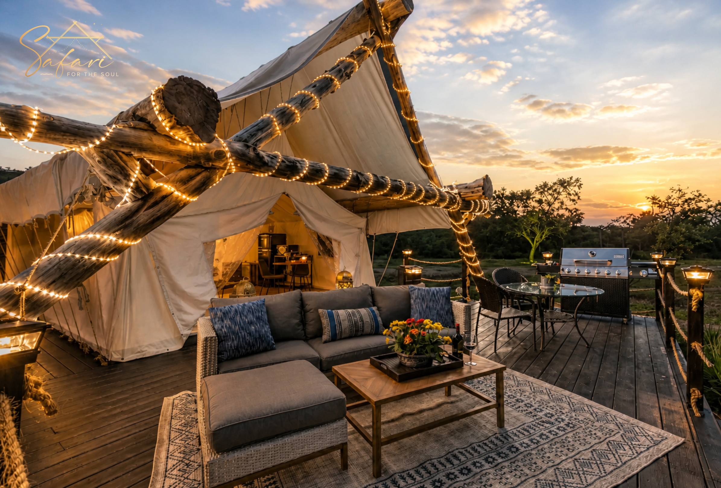 Luxury glamping tent with outdoor lounge seating, string lights, and sunset views in Marble Falls Texas