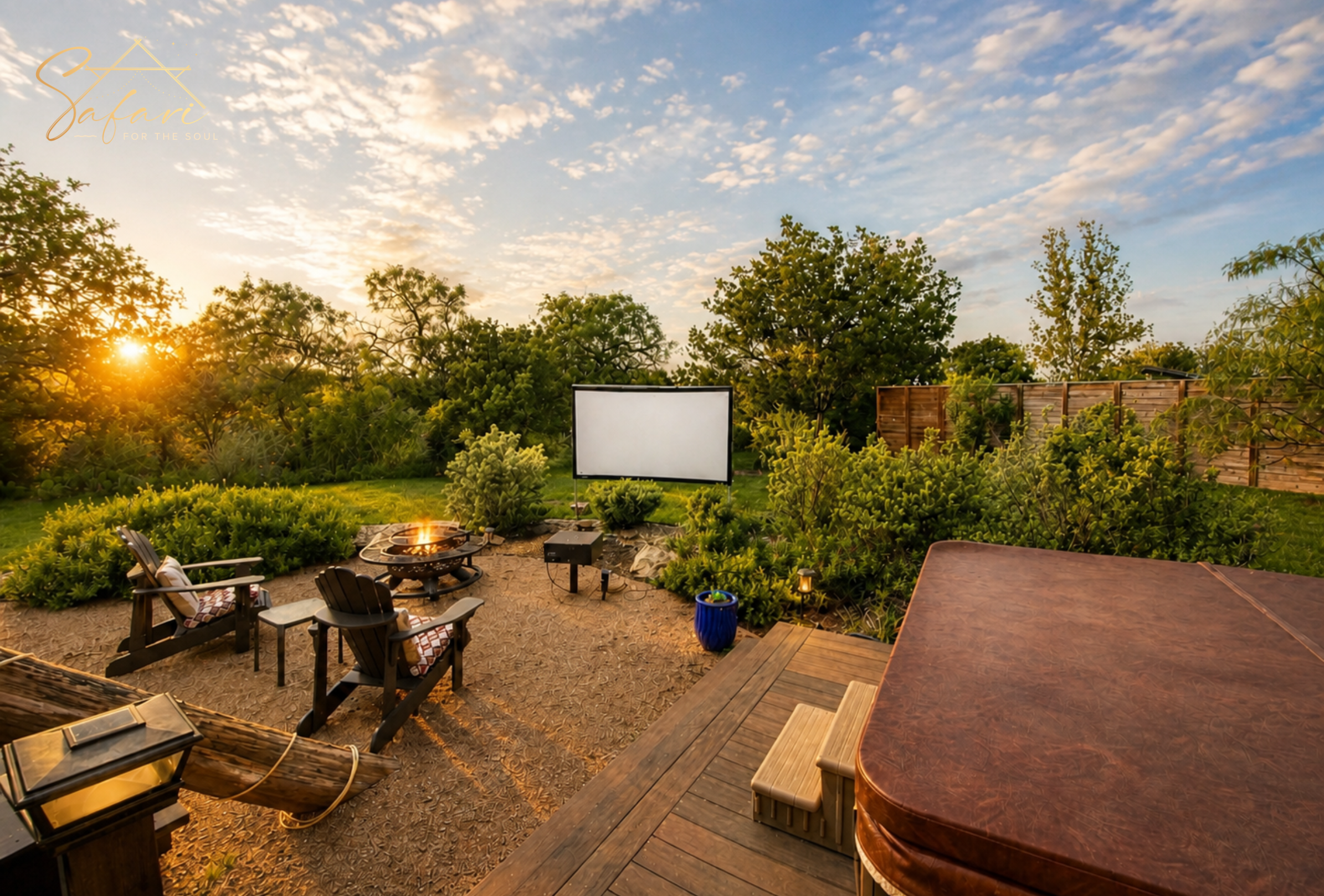 Outdoor fire pit seating area with Adirondack chairs, projector screen and hot tub surrounded by greenery at sunset in Marble Falls Texas