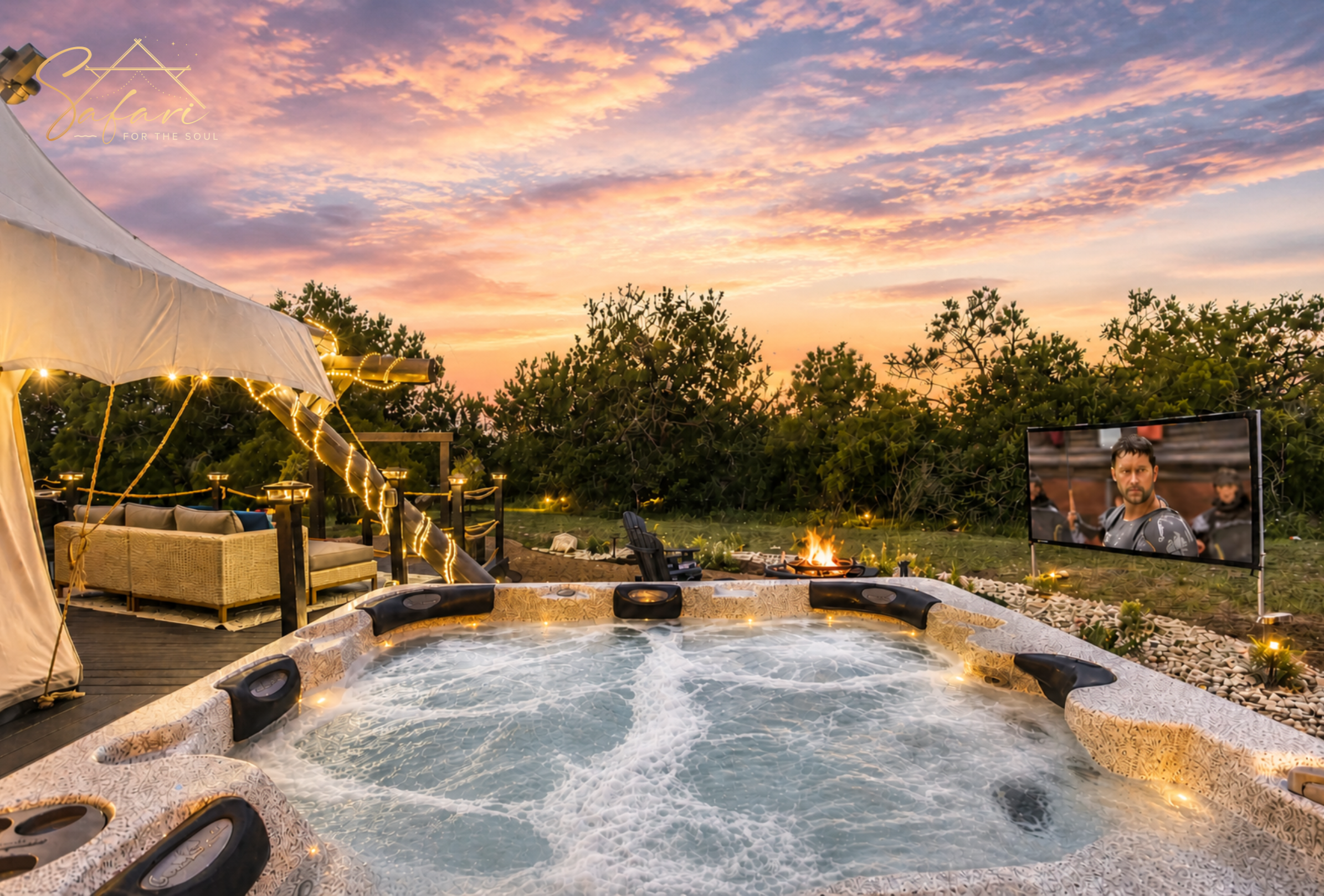 Luxury outdoor hot tub with bubbling water, sunset sky, fire pit and outdoor movie screen at glamping site in Marble Falls Texas