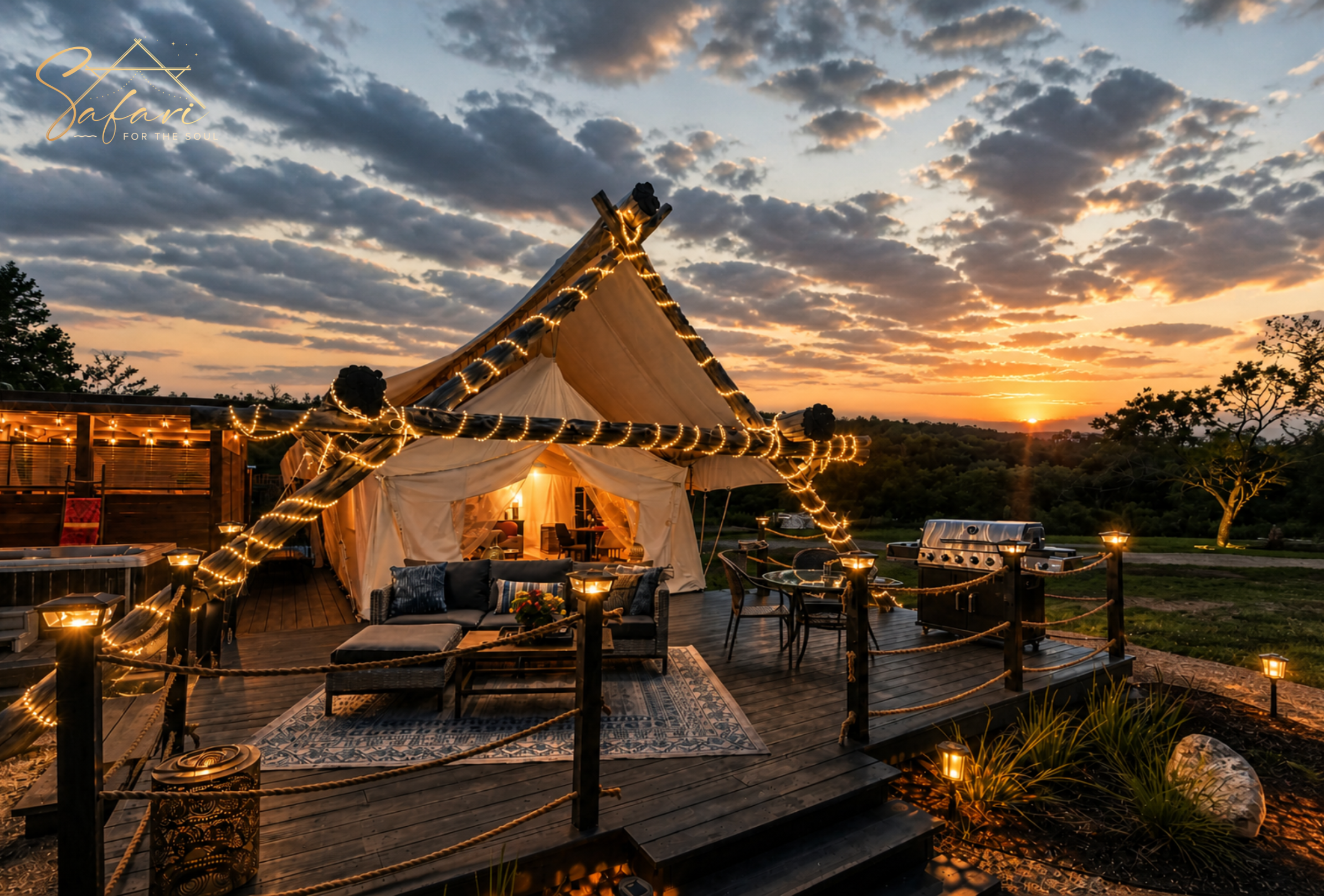 Luxury glamping tent with string lights glowing at sunset overlooking Texas Hill Country