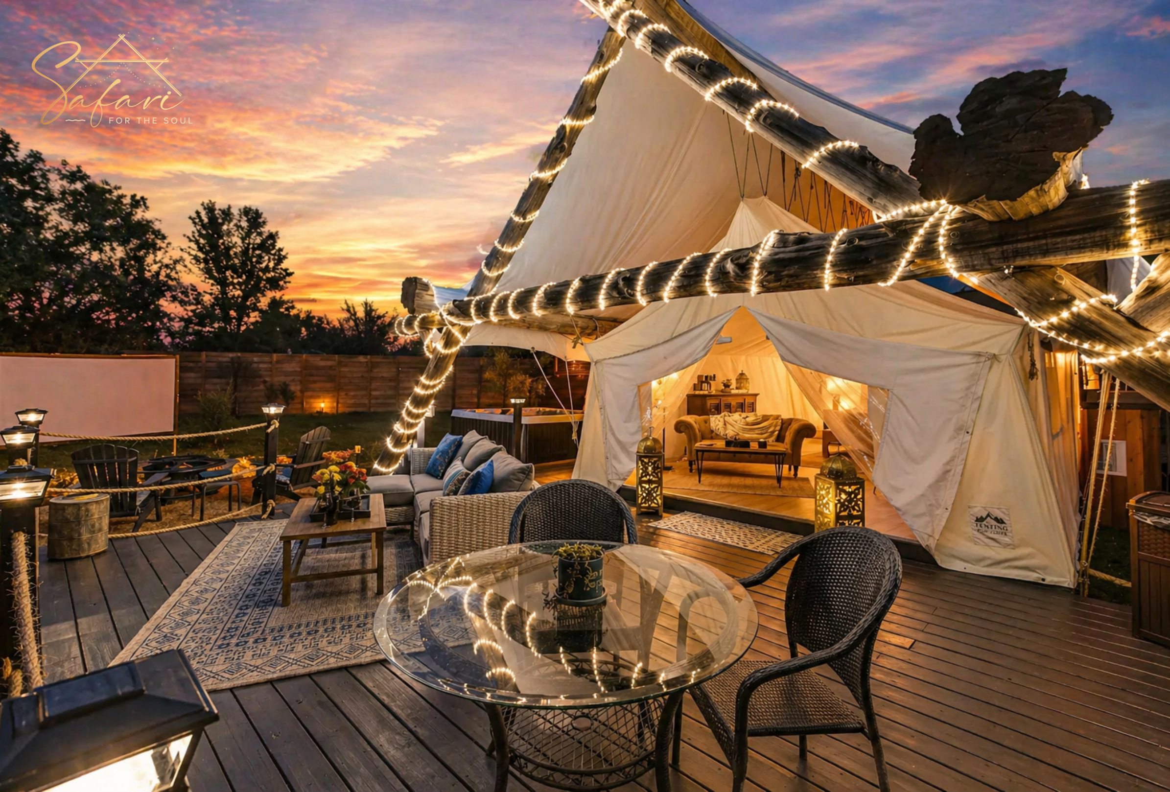 Luxury glamping deck with seating area and glowing lights during sunset Marble Falls TX