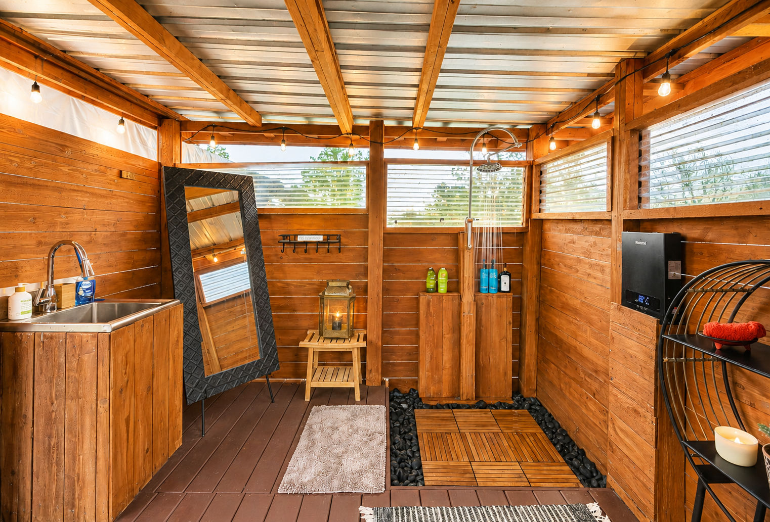Outdoor shower area with wooden walls and natural lighting at glamping yurt in Marble Falls TX
