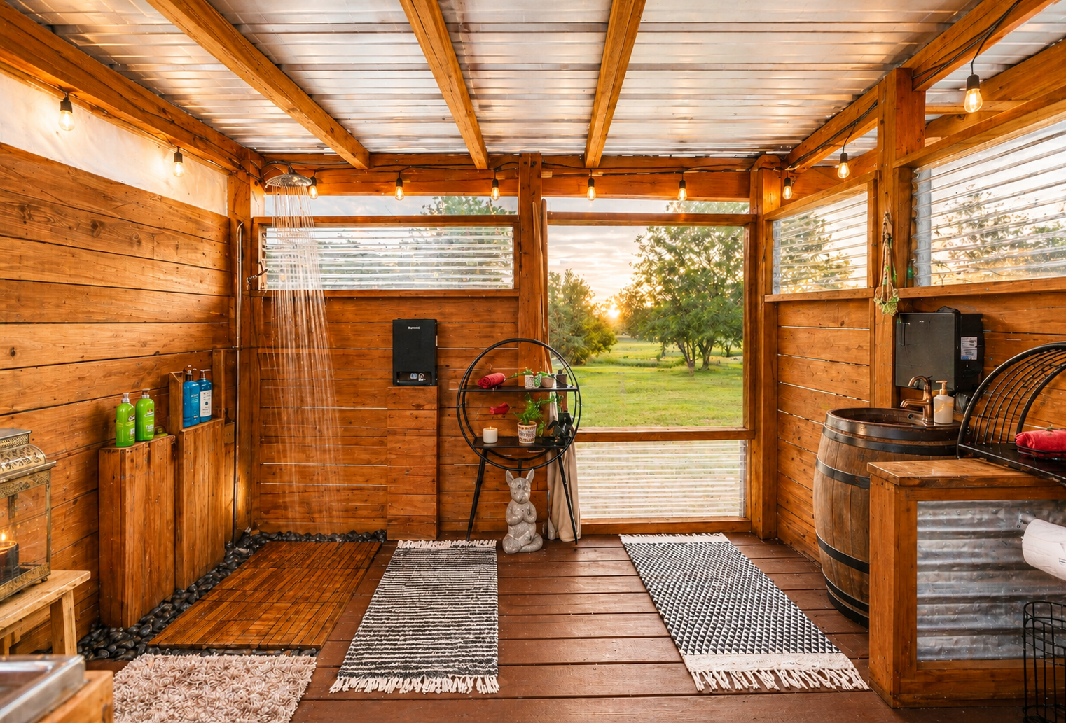 Open outdoor shower with sunset lighting and wooden interior at Marble Falls Texas glamping site