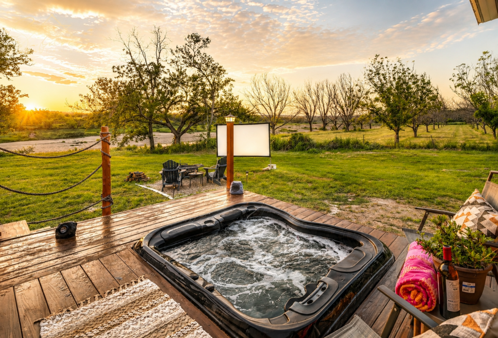 Luxury hot tub on wooden deck with sunset view at glamping yurt Marble Falls Texas