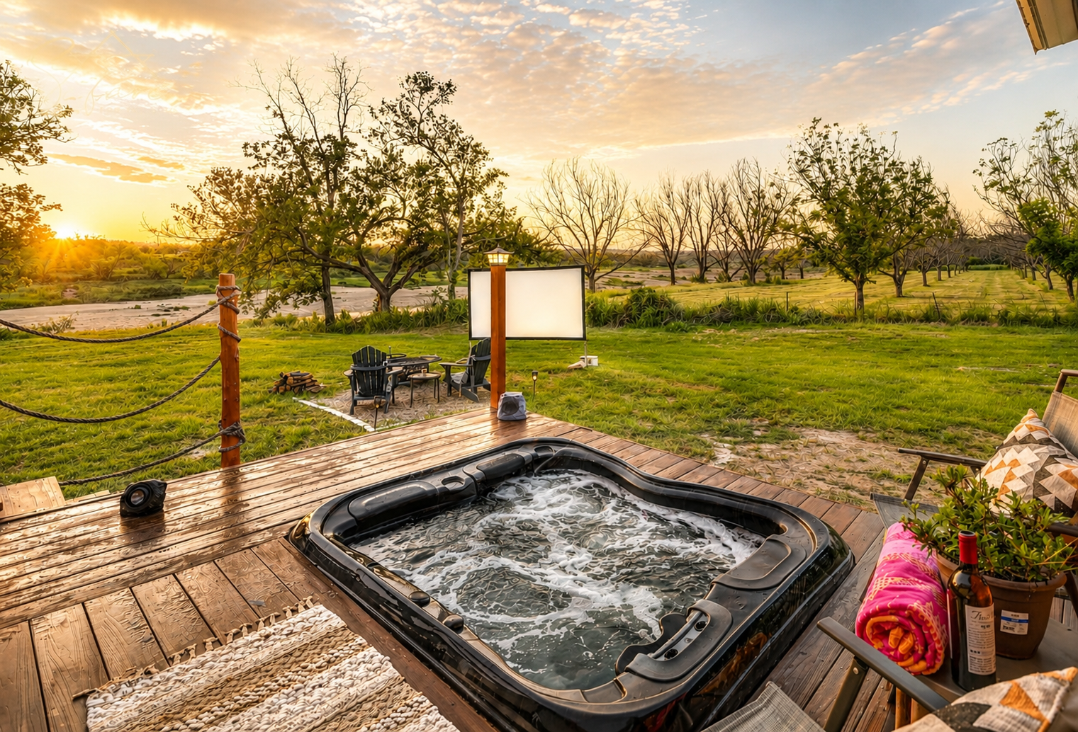 Luxury hot tub on wooden deck with sunset view at glamping yurt Marble Falls Texas