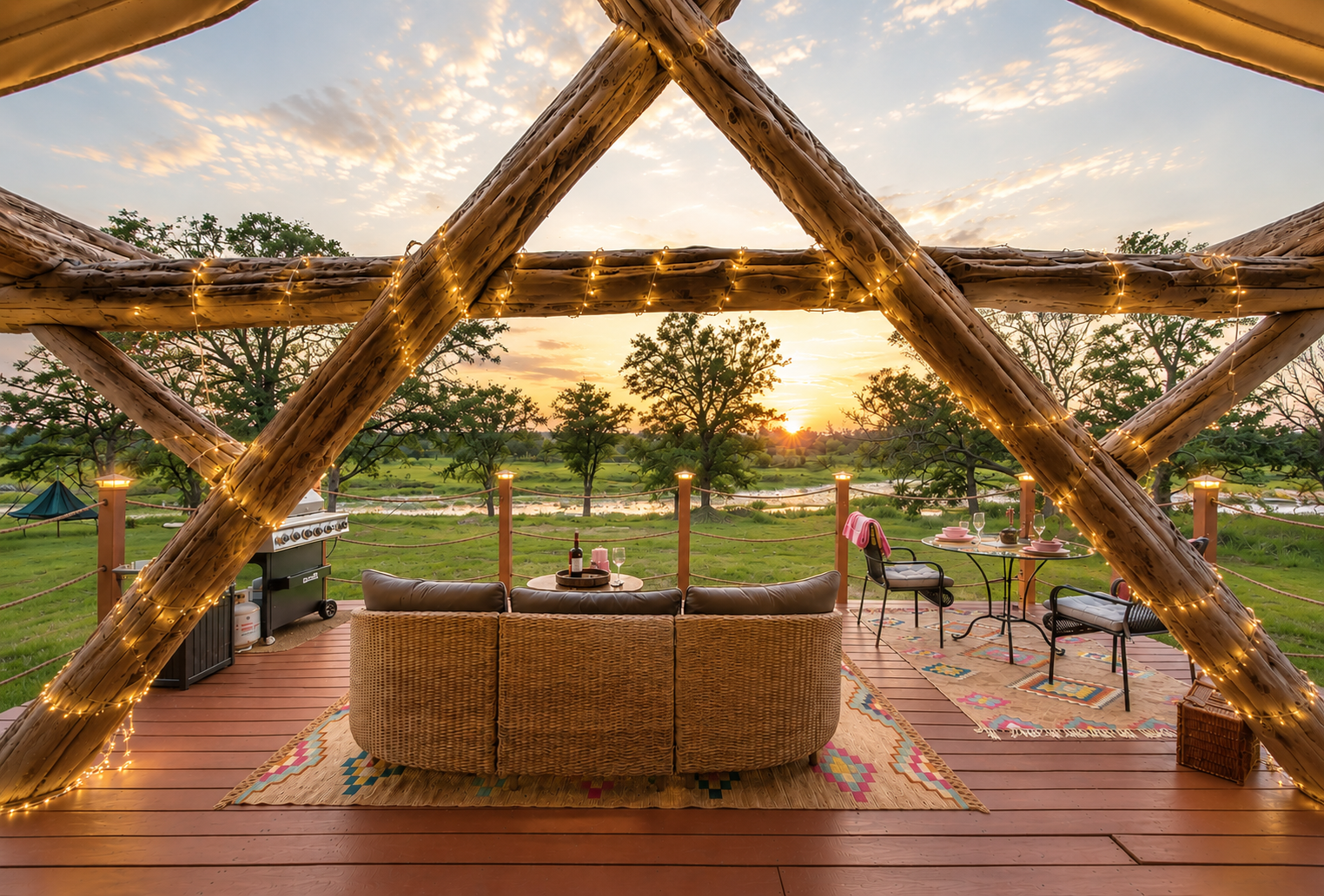 Cozy outdoor deck with string lights and sunset view at luxury glamping yurt in Marble Falls Texas