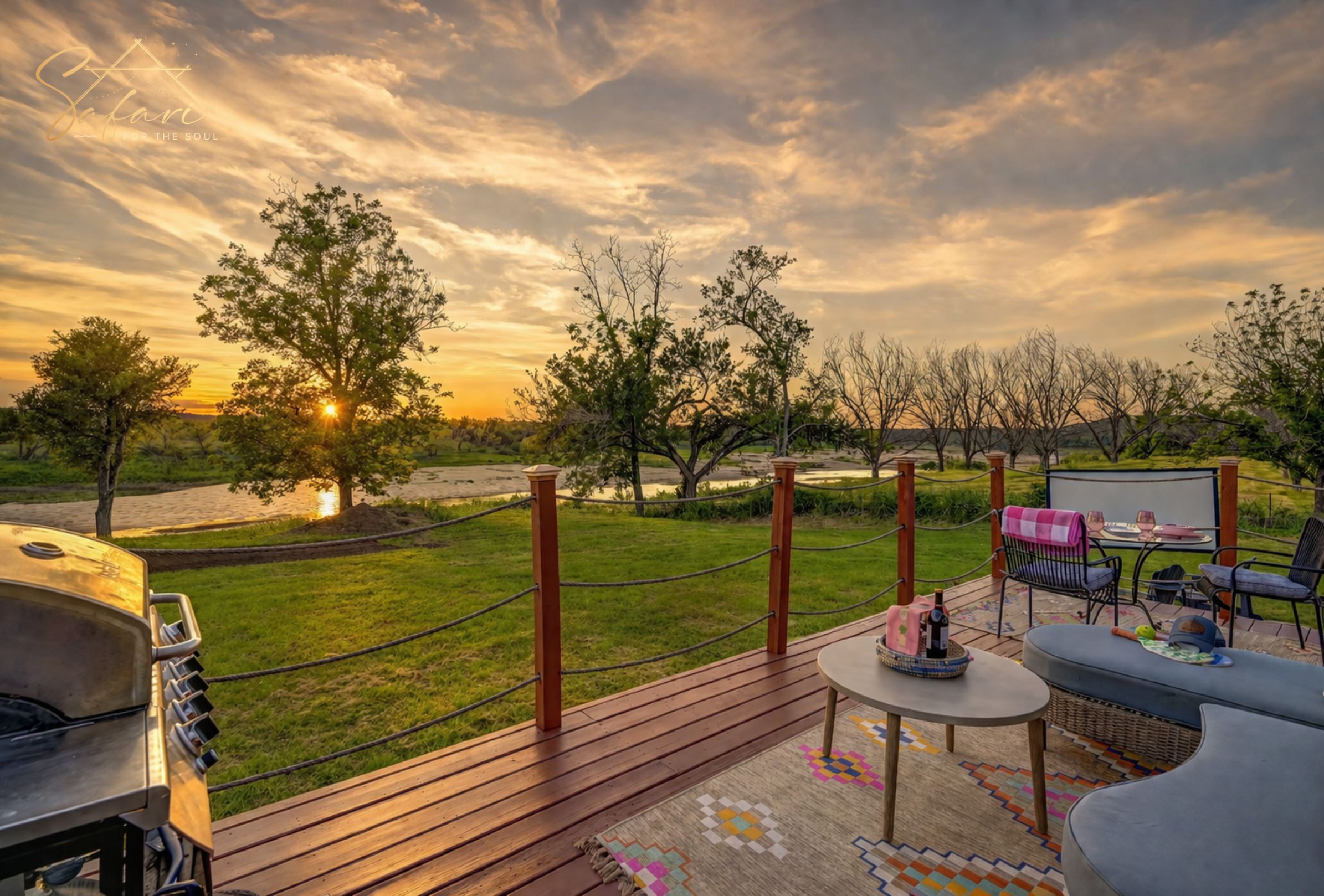 Scenic sunset view with outdoor seating and nature landscape at Marble Falls TX glamping site