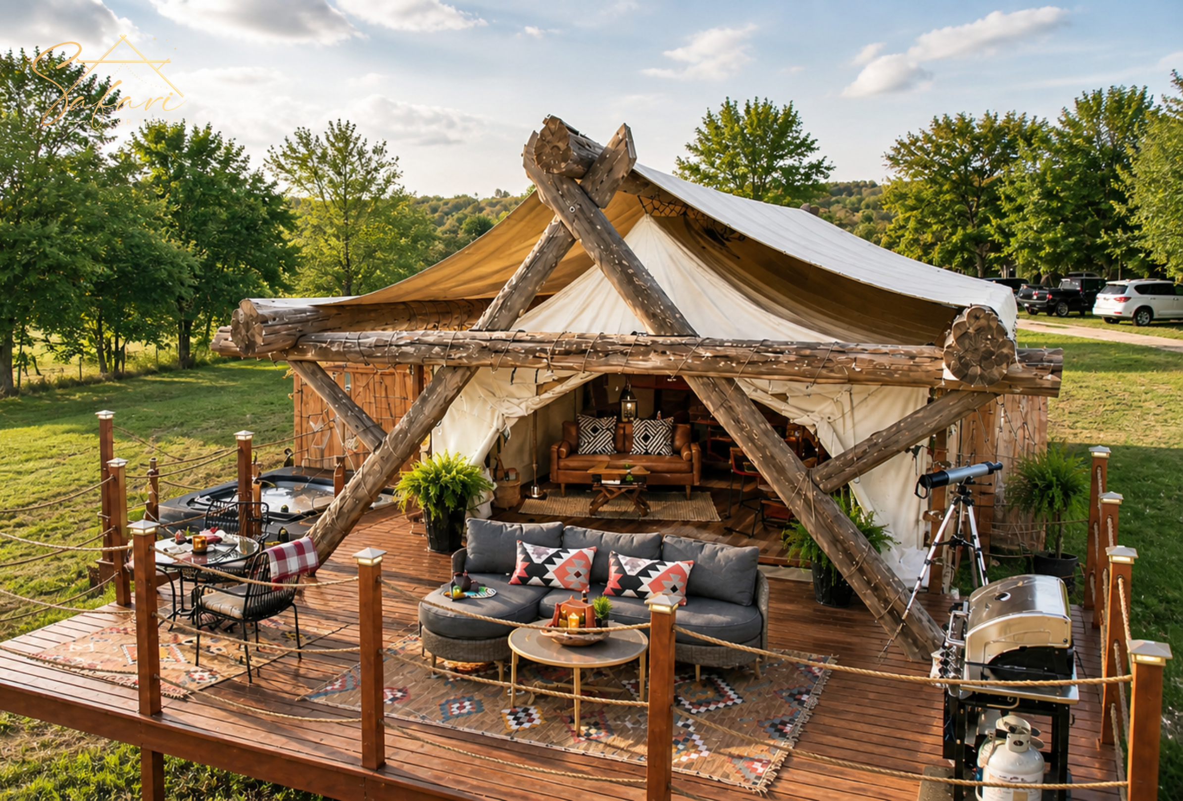 Daytime exterior view of safari-style yurt with deck and seating in Marble Falls Texas