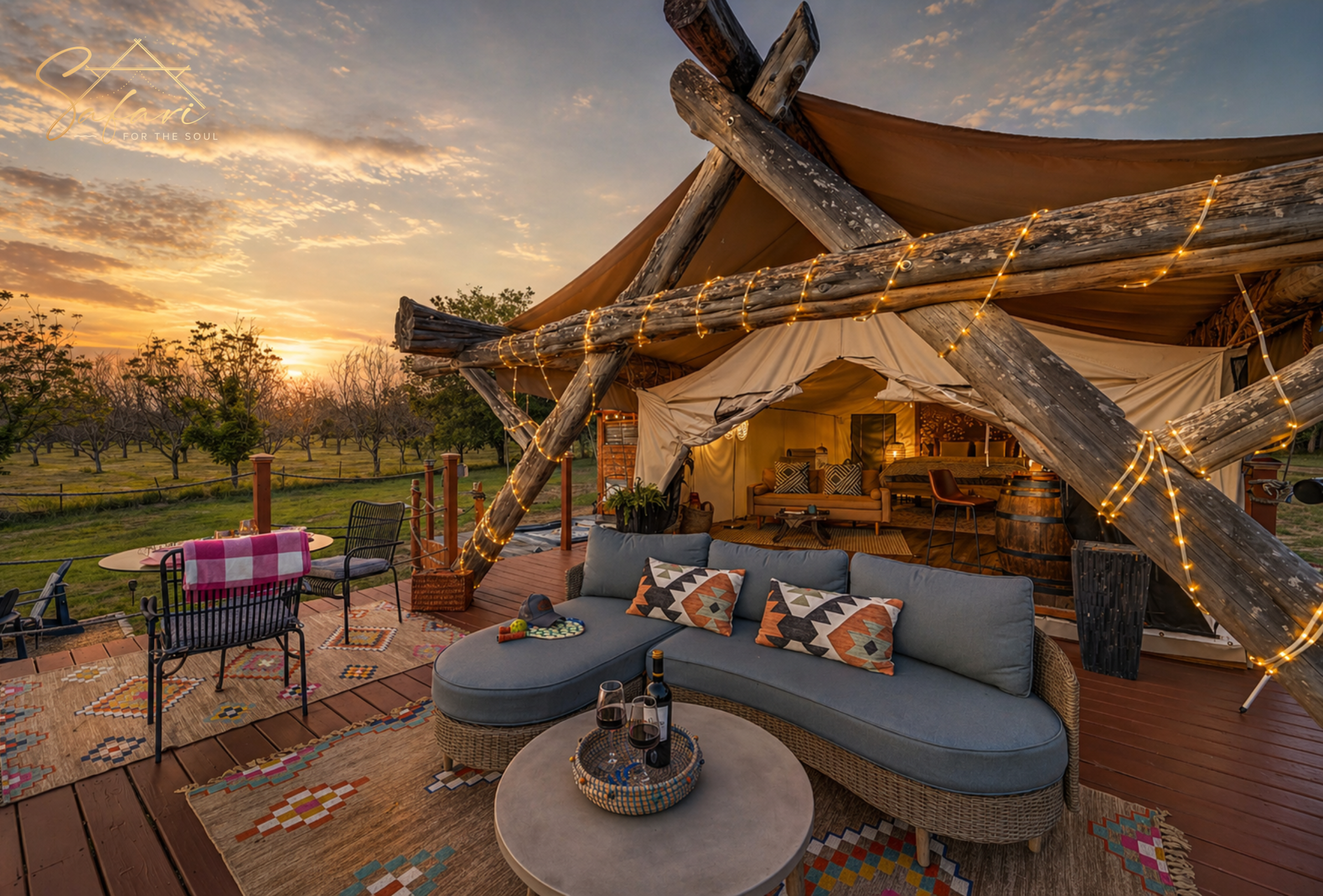 Luxury glamping safari tent deck with cozy seating and string lights at sunset in Marble Falls TX