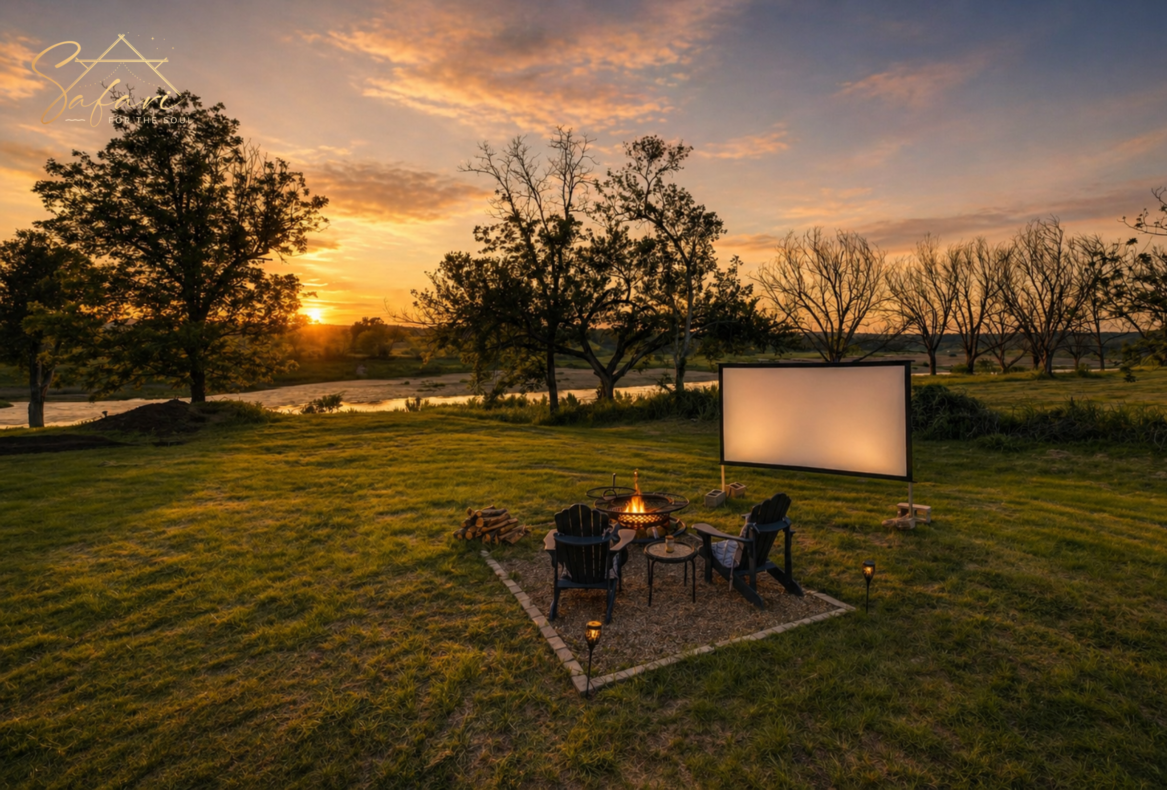 Outdoor movie setup with fire pit chairs and projection screen at sunset in Marble Falls Texas