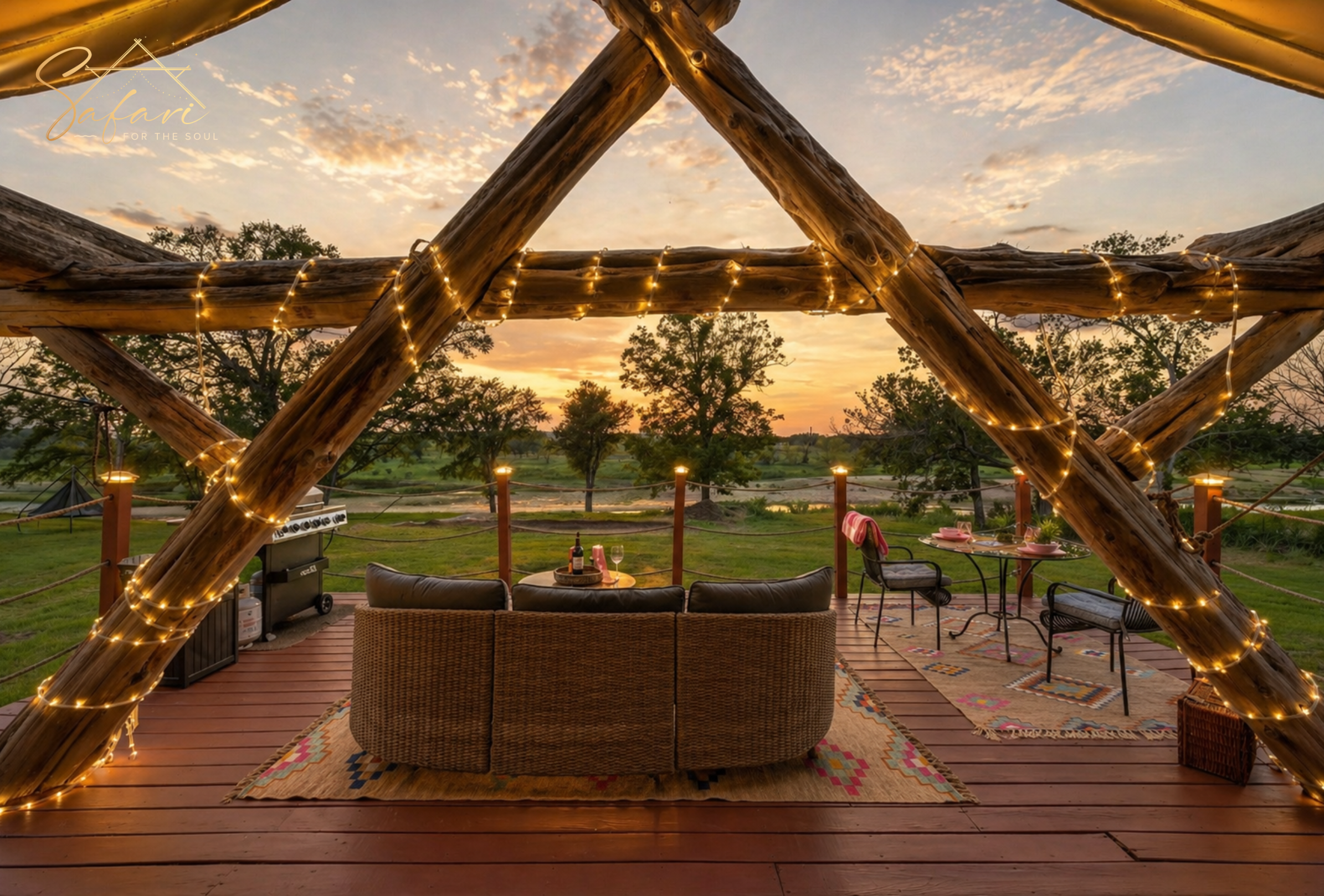 Cozy outdoor deck with string lights and sunset view at luxury glamping yurt in Marble Falls Texas