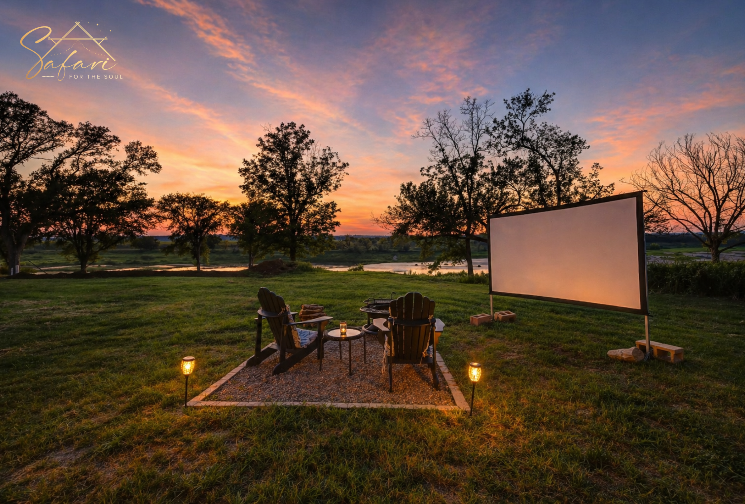 Outdoor fire pit seating with projector screen at sunset near river in Marble Falls TX